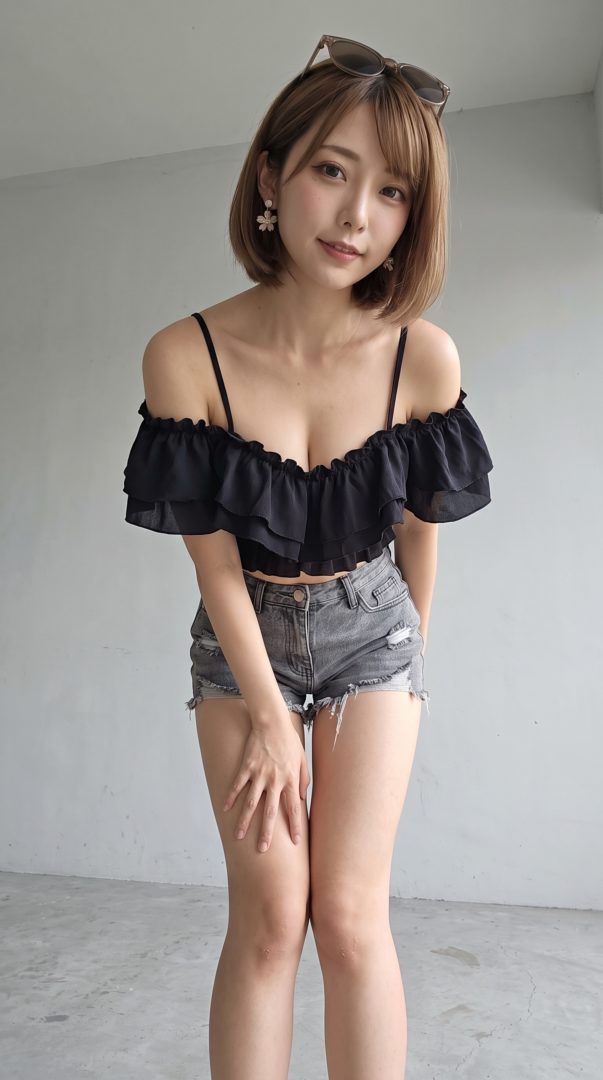 黒いオフショルダートップスとデニムのショートパンツを着た女性