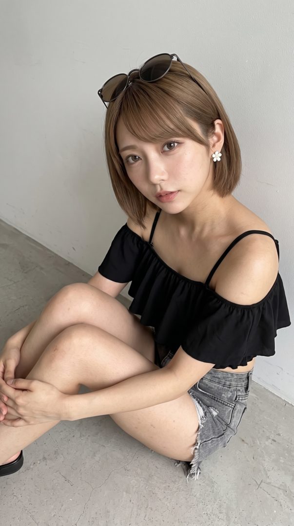 頭にサングラスを乗せた茶髪の女性が、黒のトップスを着て床に座る姿