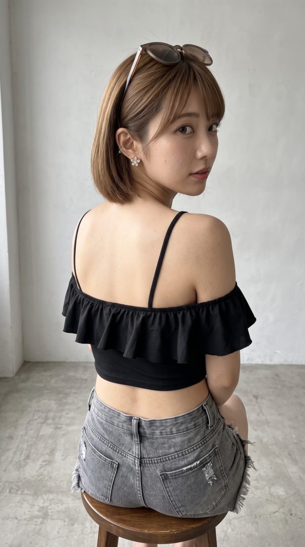 黒のフリルトップスとデニムショートパンツを着用し振り向く茶髪の女性