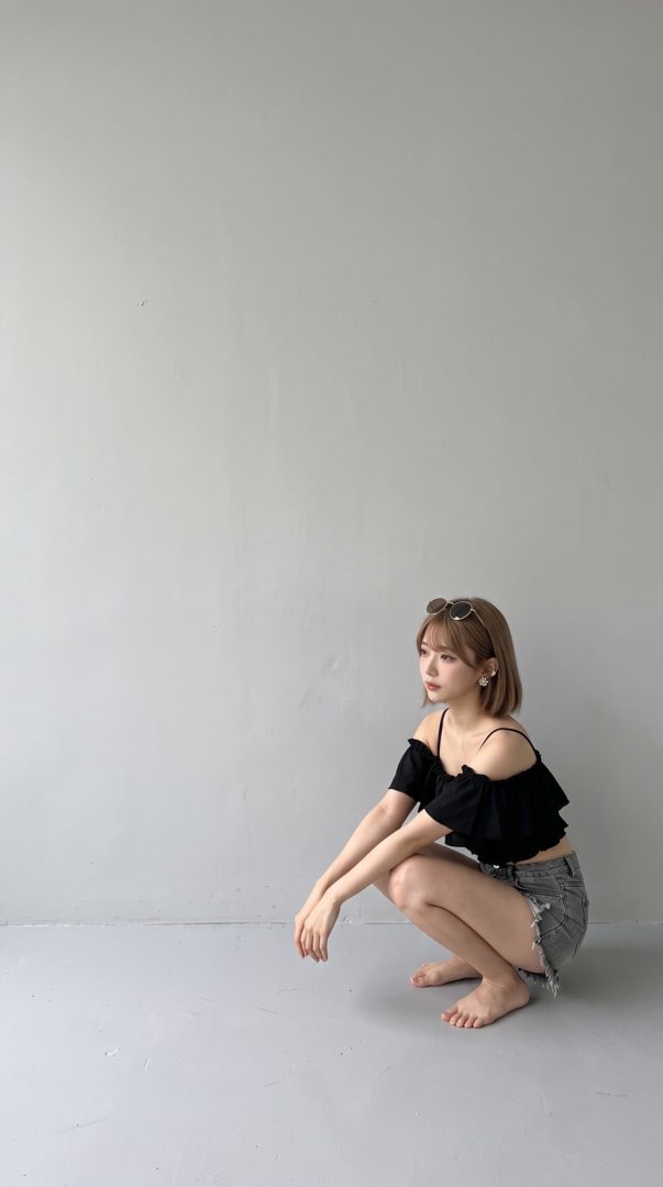 グレーの壁の前で、黒のトップスとデニムパンツを着用した女性がしゃがんでいる様子