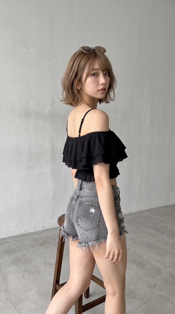 黒のオフショルダートップスとデニムショートパンツを着て振り返る女性