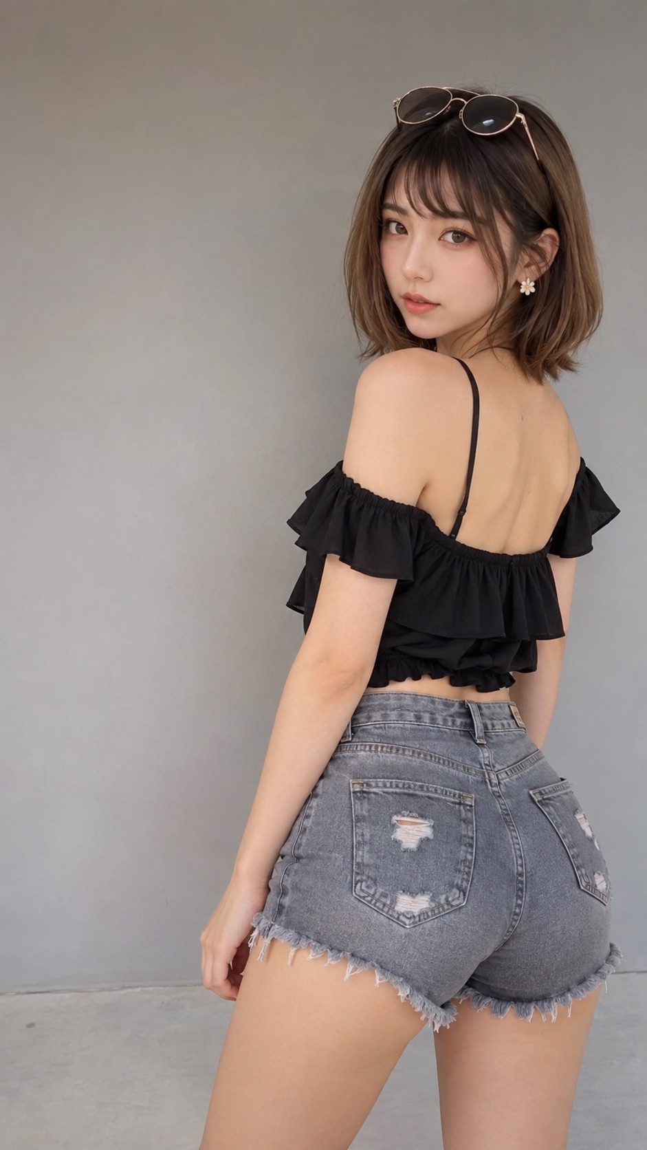 頭にサングラスをのせ、黒のトップスとデニムショートパンツを着て振り返る女性