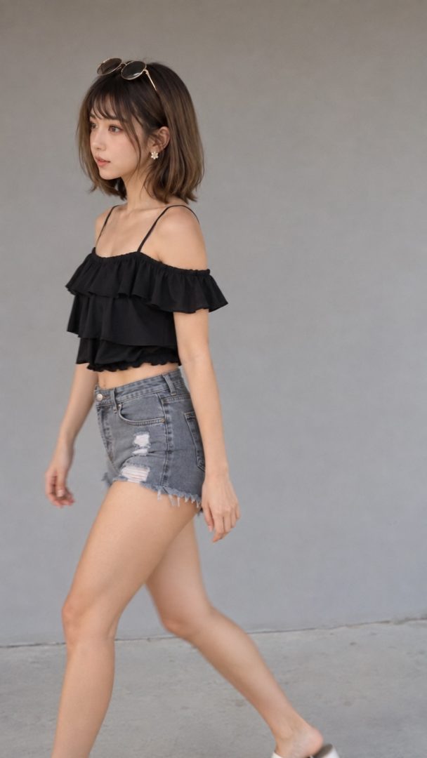 黒のフリルトップスとデニムショートパンツを着用して歩く女性