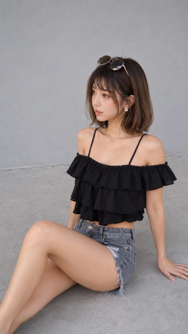 黒のフリルトップスとデニムショートパンツを着て床に座る女性