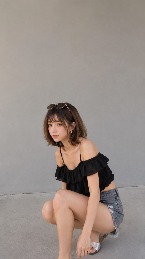 頭にサングラスを乗せ、黒のトップスとショートパンツ姿でしゃがむ女性。