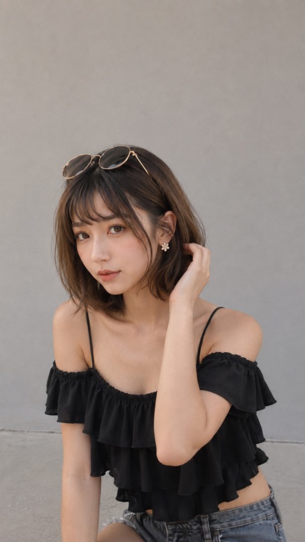 サングラスを頭に載せ、黒のオフショルダートップスを着て髪に手を添える女性