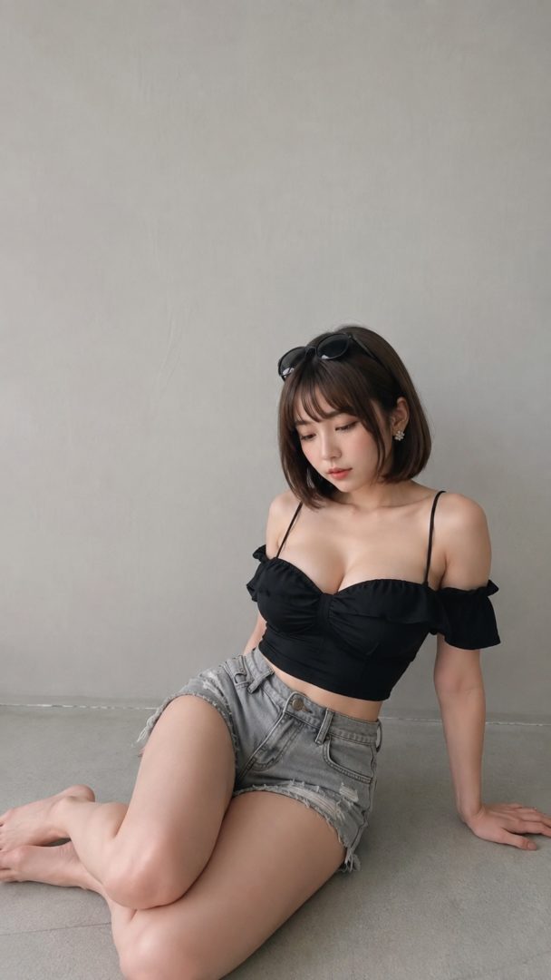 黒のトップスとデニムショートパンツを着用し、床に座る女性
