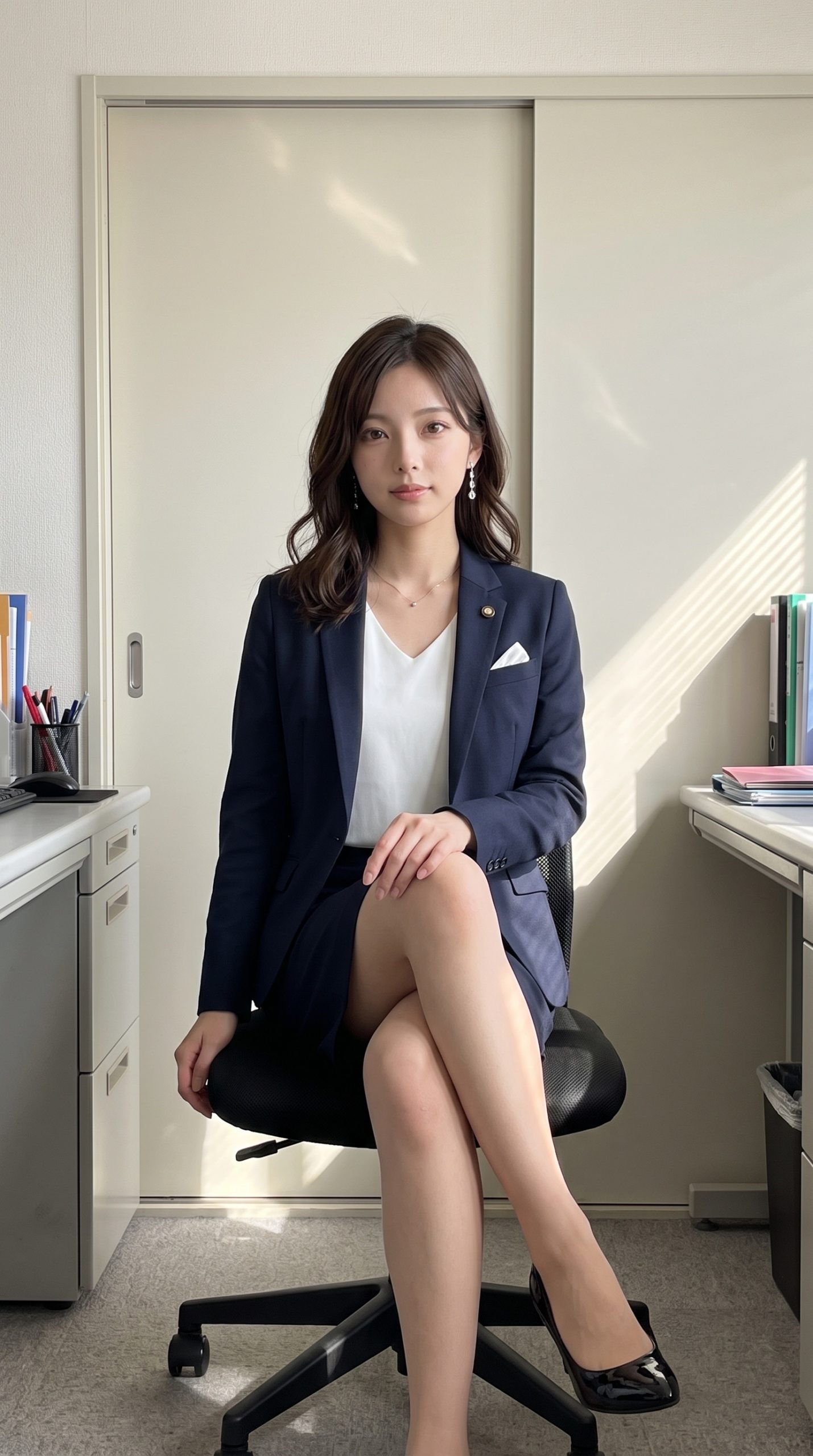 オフィスで紺色のスーツを着て椅子に座る女性