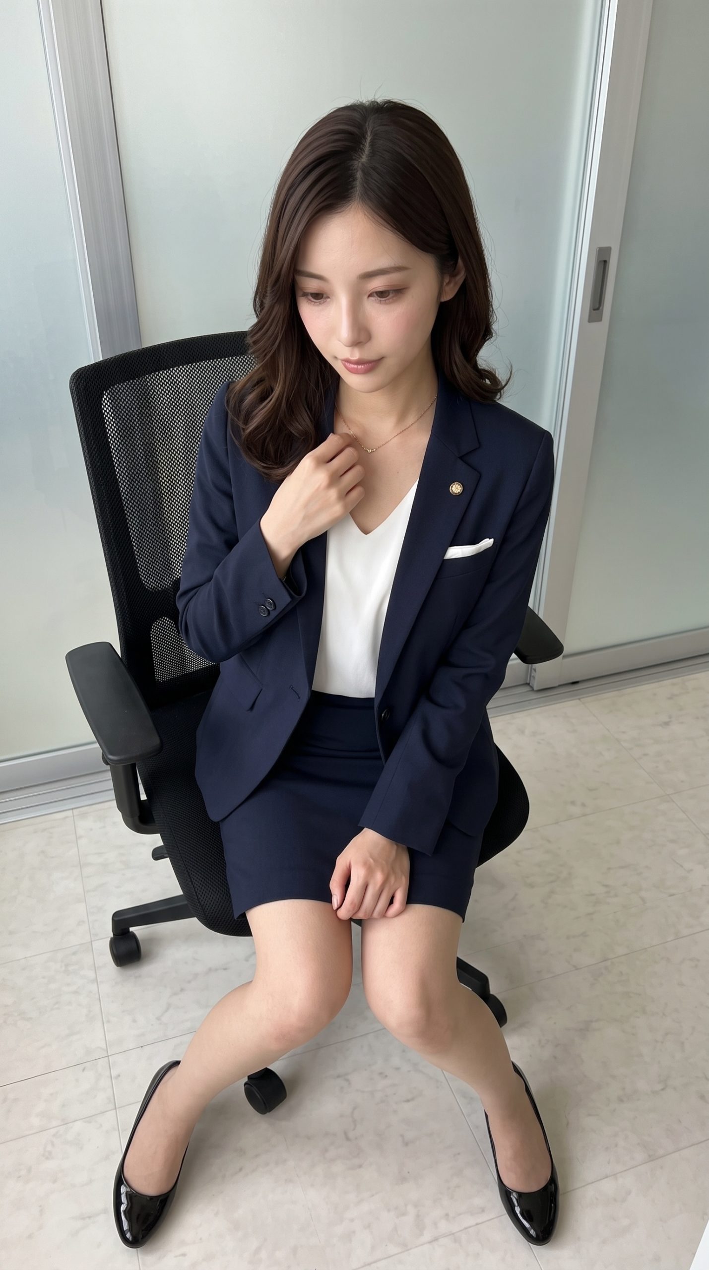 紺色のスーツを着用し、オフィスの椅子に座って胸元に手を添える女性。