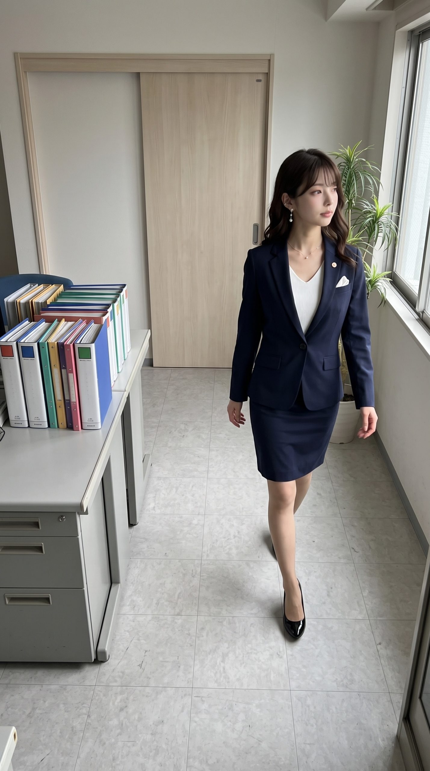 オフィス内で紺色のスーツを着用し、窓際を歩く女性