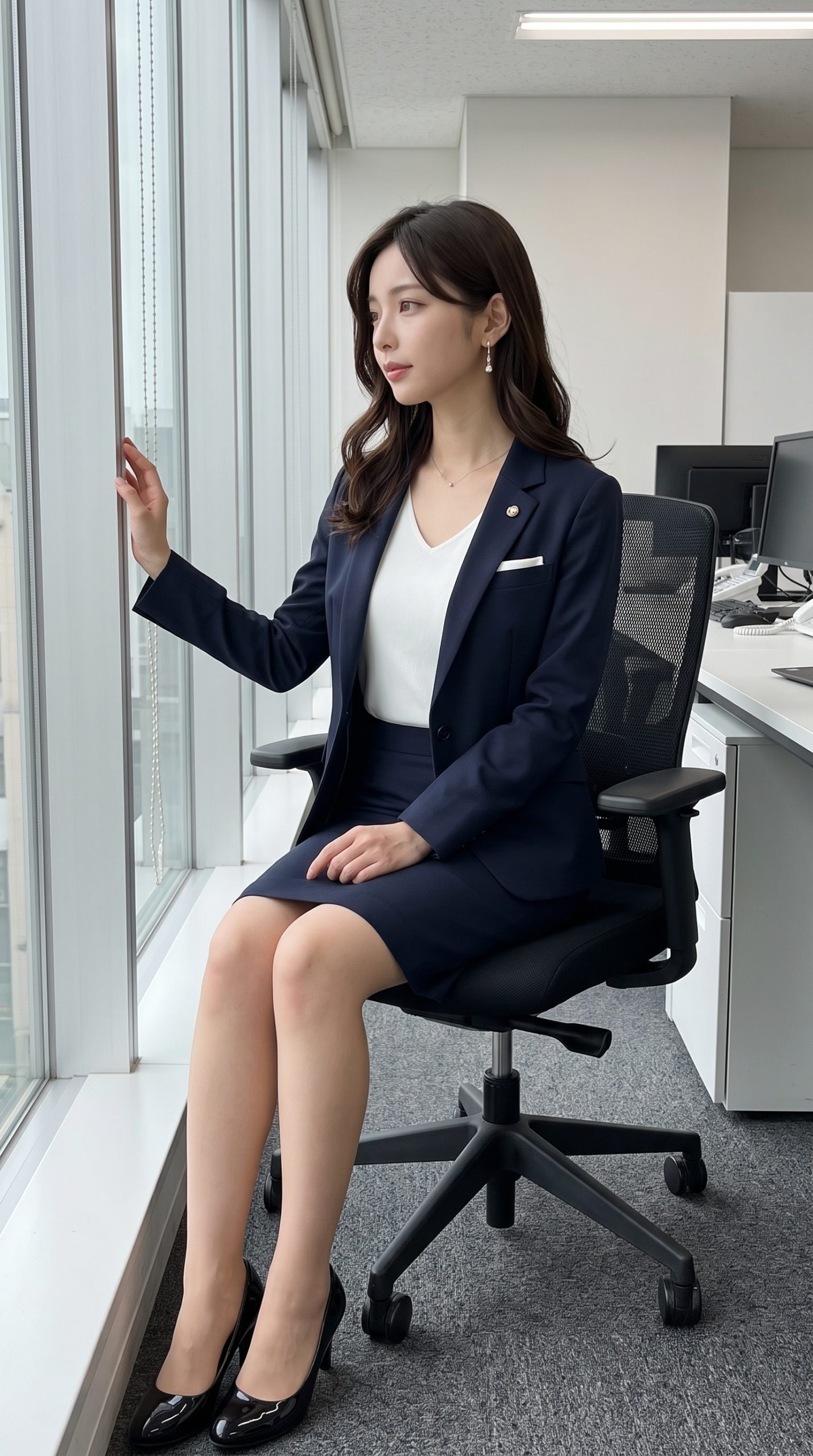 紺色のスーツを着てオフィスの椅子に座り、窓の外を眺める女性。