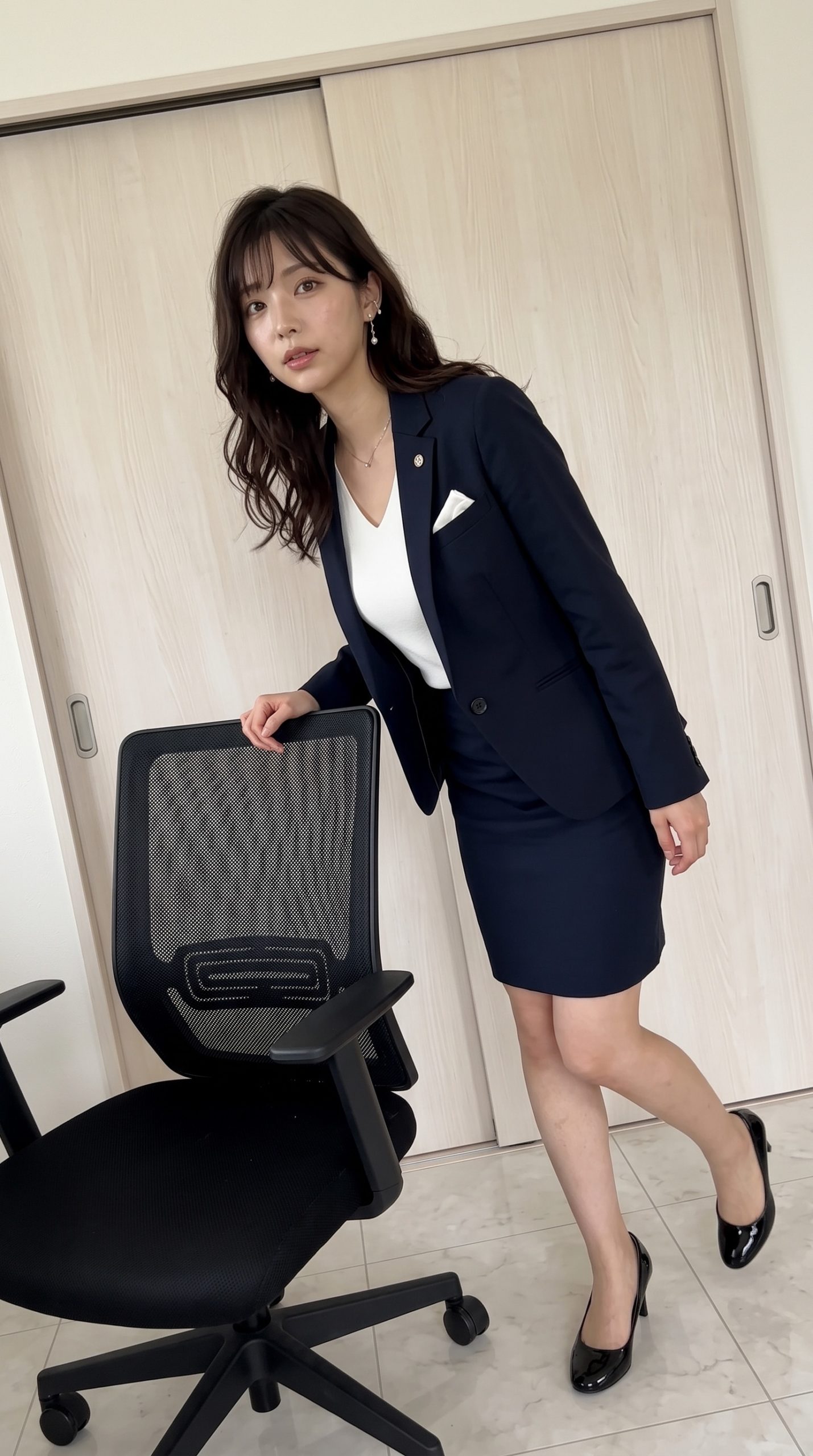 紺色のスーツを着た女性がオフィスチェアの背もたれに手を添えて立っている姿。
