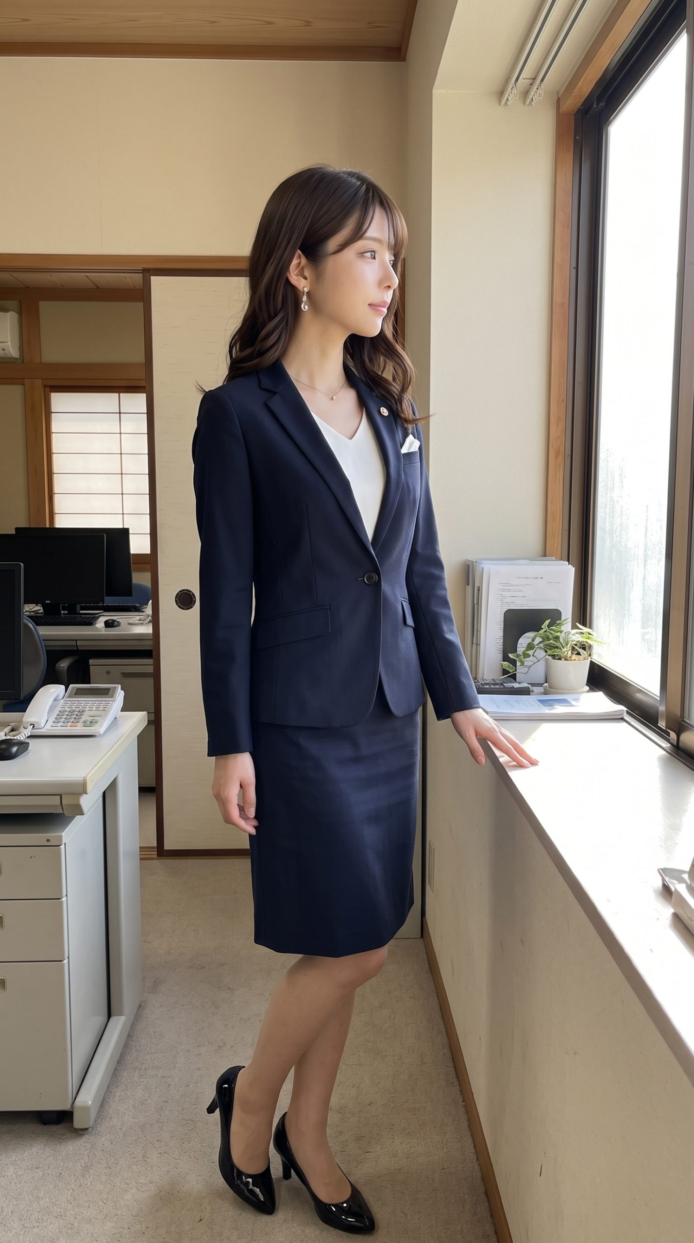 紺色のスーツを着た女性がオフィスの窓辺に立って外を眺めている姿。
