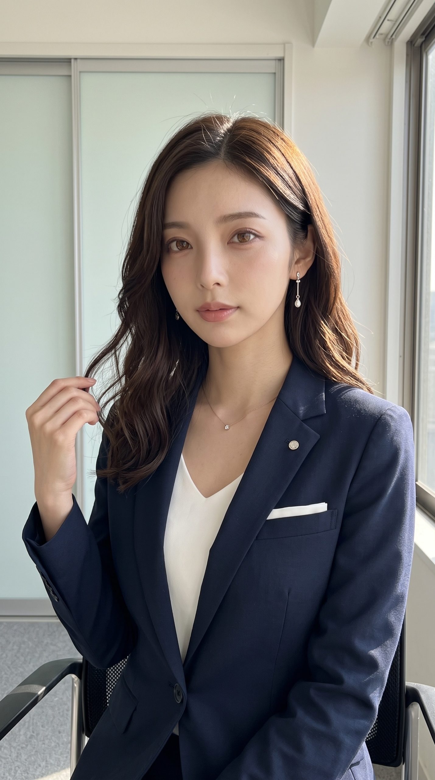 紺色のジャケットを着用し、室内の椅子に座って髪に手を添える女性