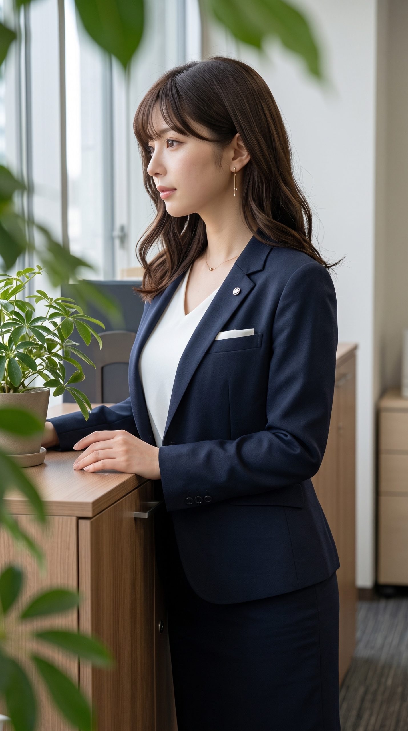 オフィスの棚の横に立ち、窓の外を静かに見つめるスーツ姿の女性