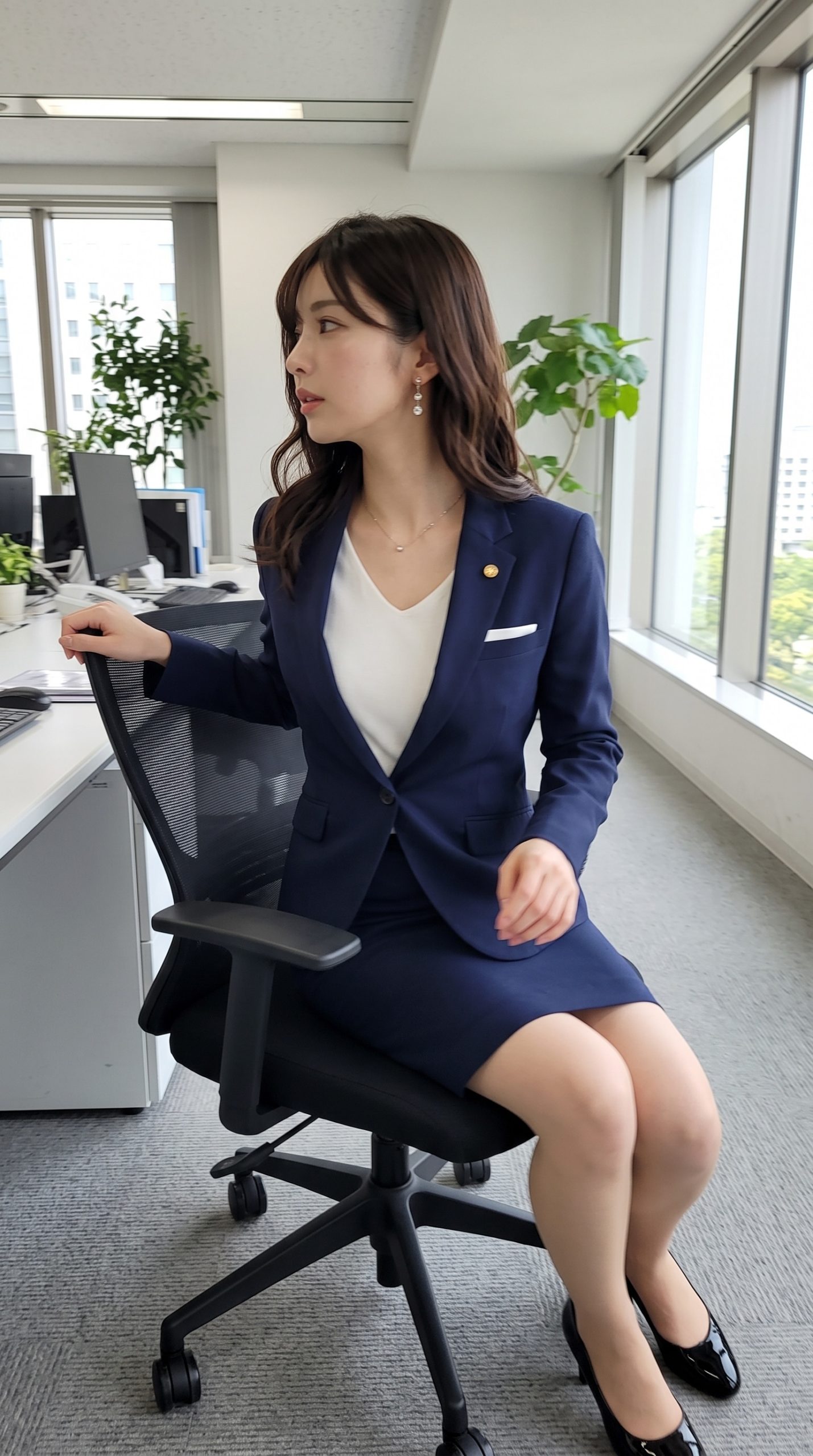 オフィスで紺色のスーツを着用し、椅子に座って横を向く女性