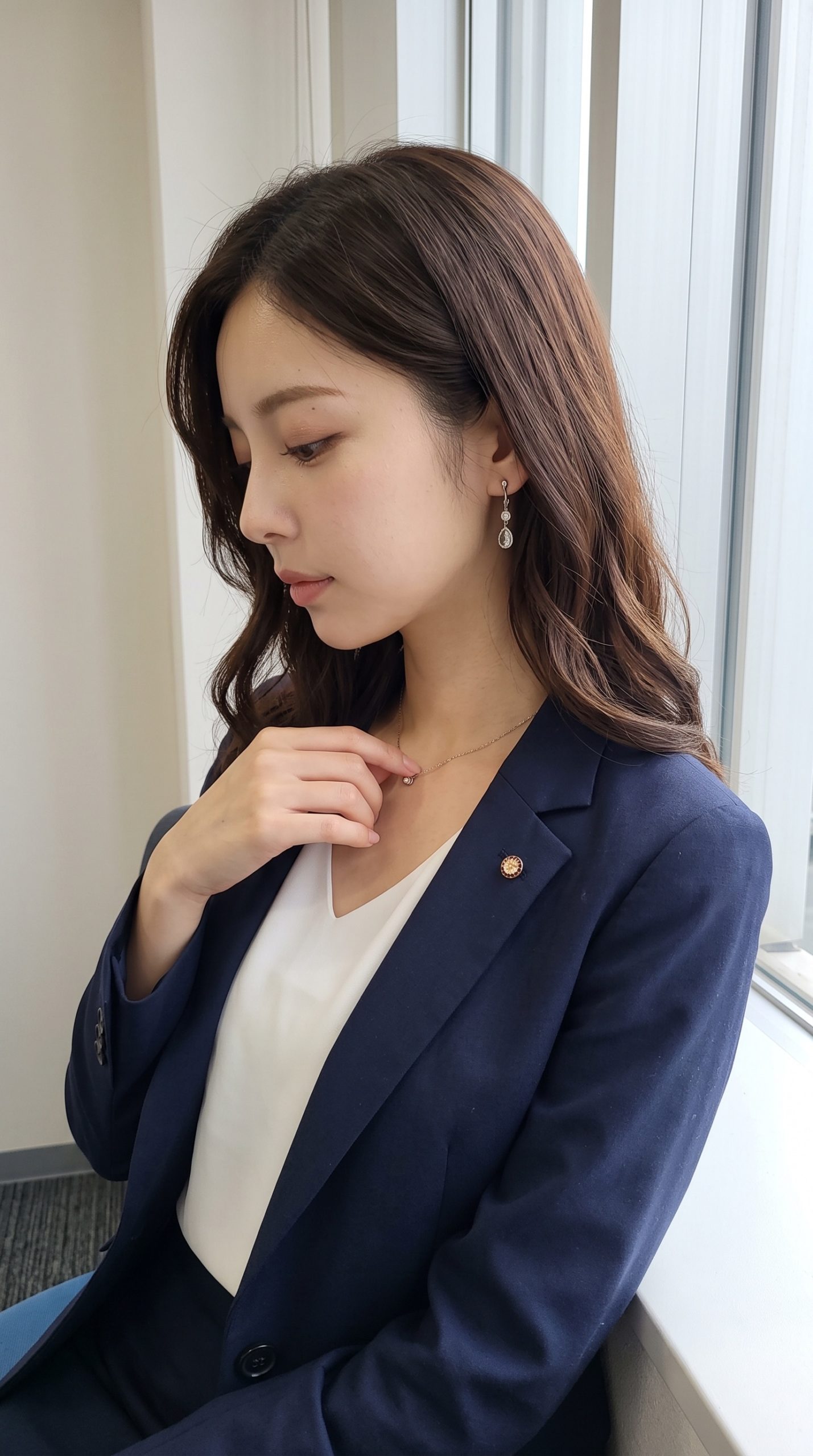紺のジャケットを着用し、胸元のネックレスに手を添える女性