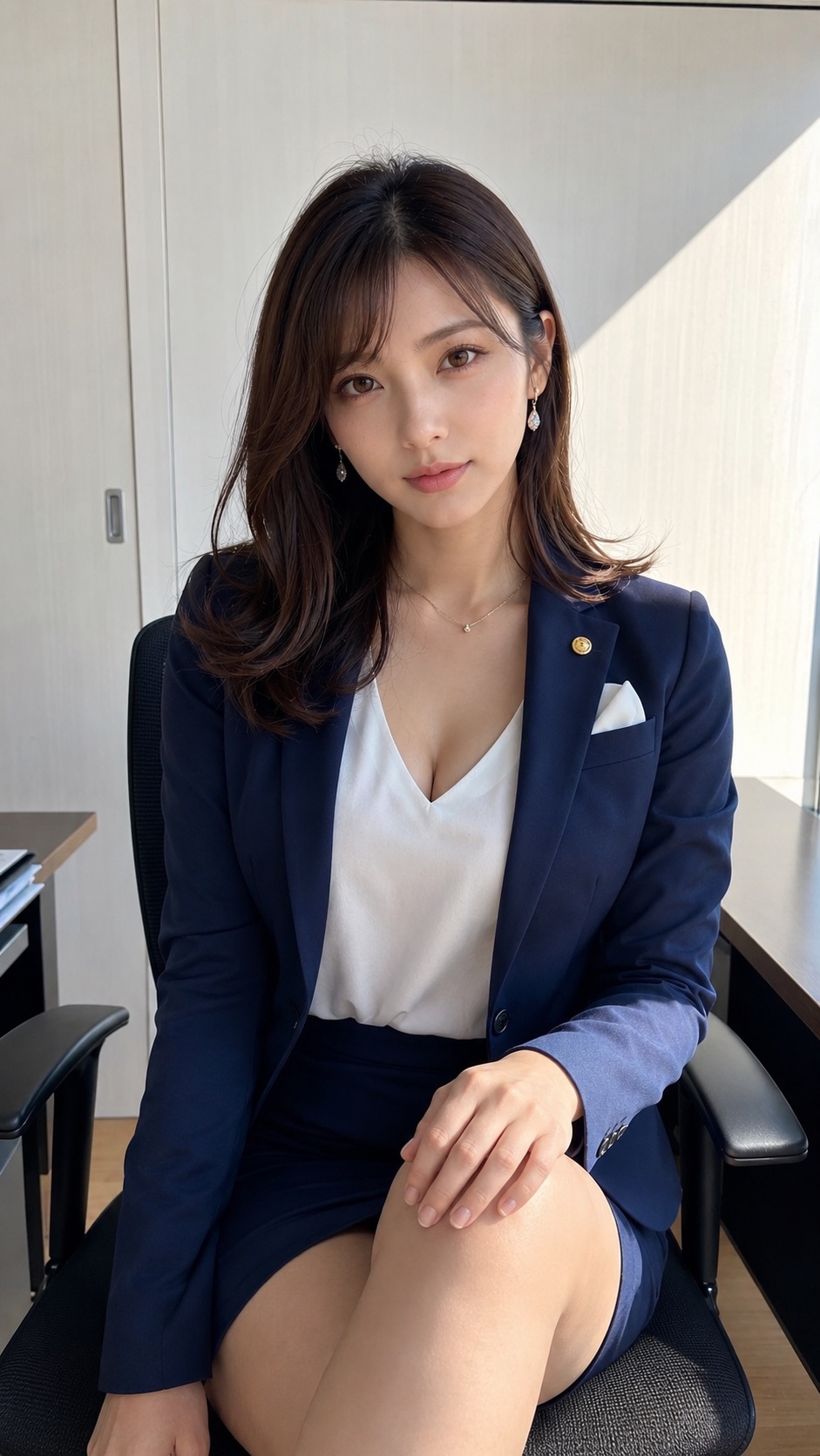 紺色のスーツを着てオフィスの椅子に腰掛け、正面を見つめる女性。