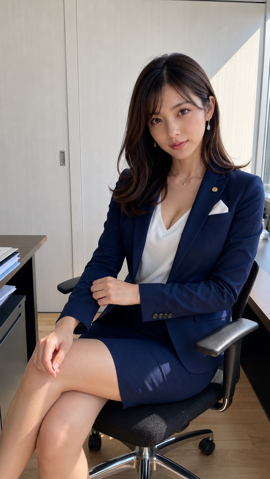 ネイビーのスーツを着用し、オフィスの椅子に座っている女性