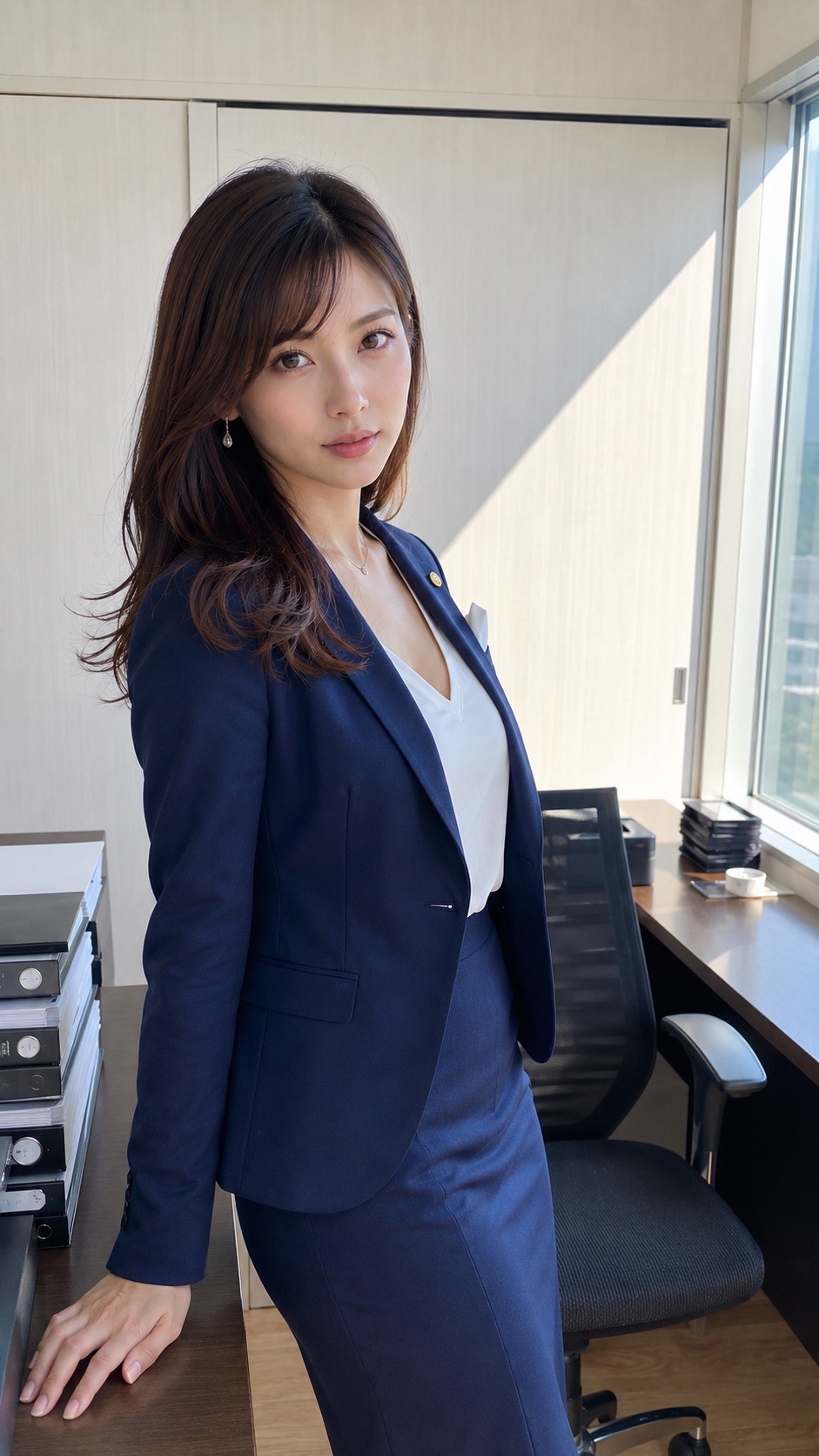 オフィス内で紺色のスーツを着てデスクに手をつく女性