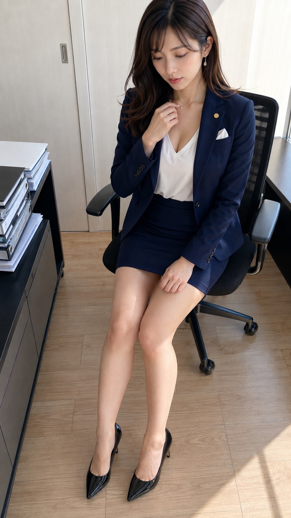 オフィスでデスクチェアに座り、伏し目で手を胸元に添える紺スーツの女性