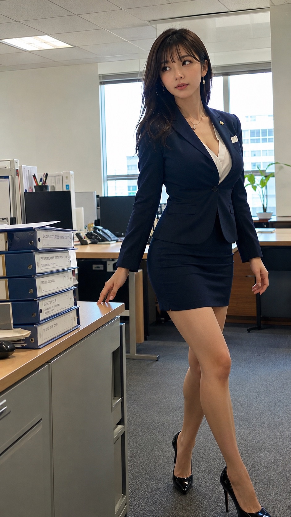 紺色のスーツを着用し、オフィスデスクの脇に立つ女性
