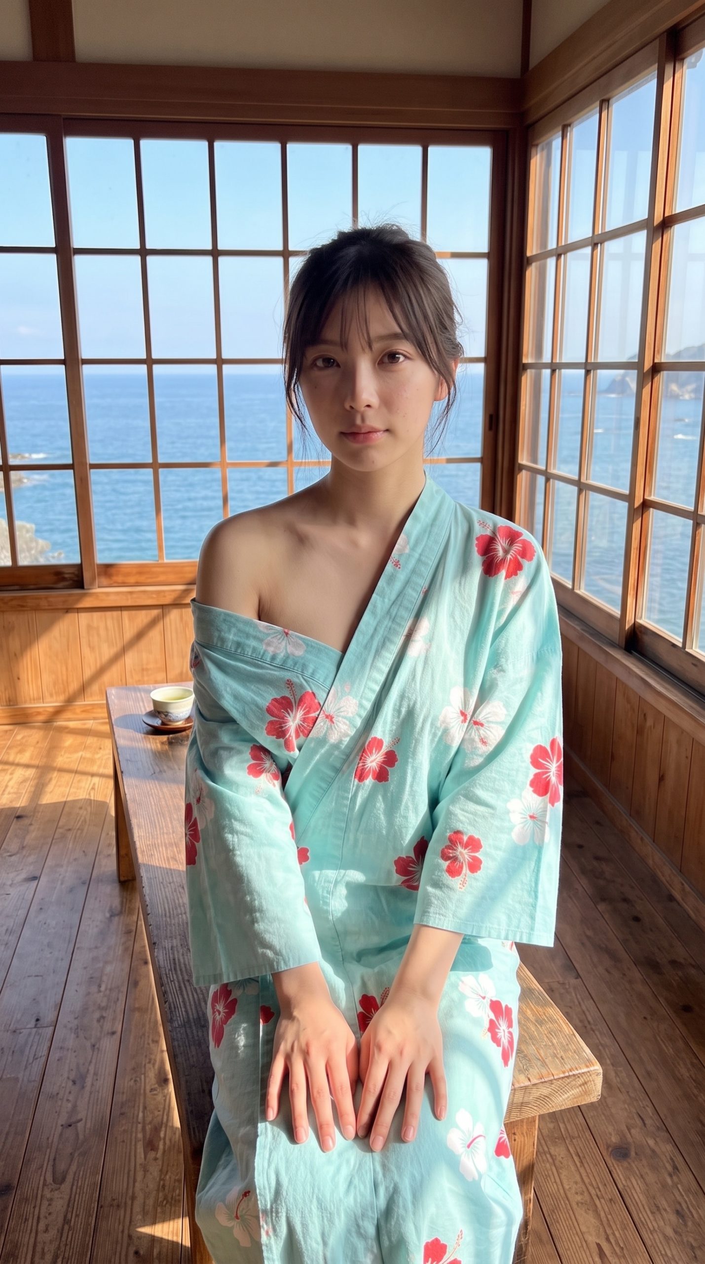 海が見える和室の窓辺で、水色の花柄浴衣を着て座る女性。