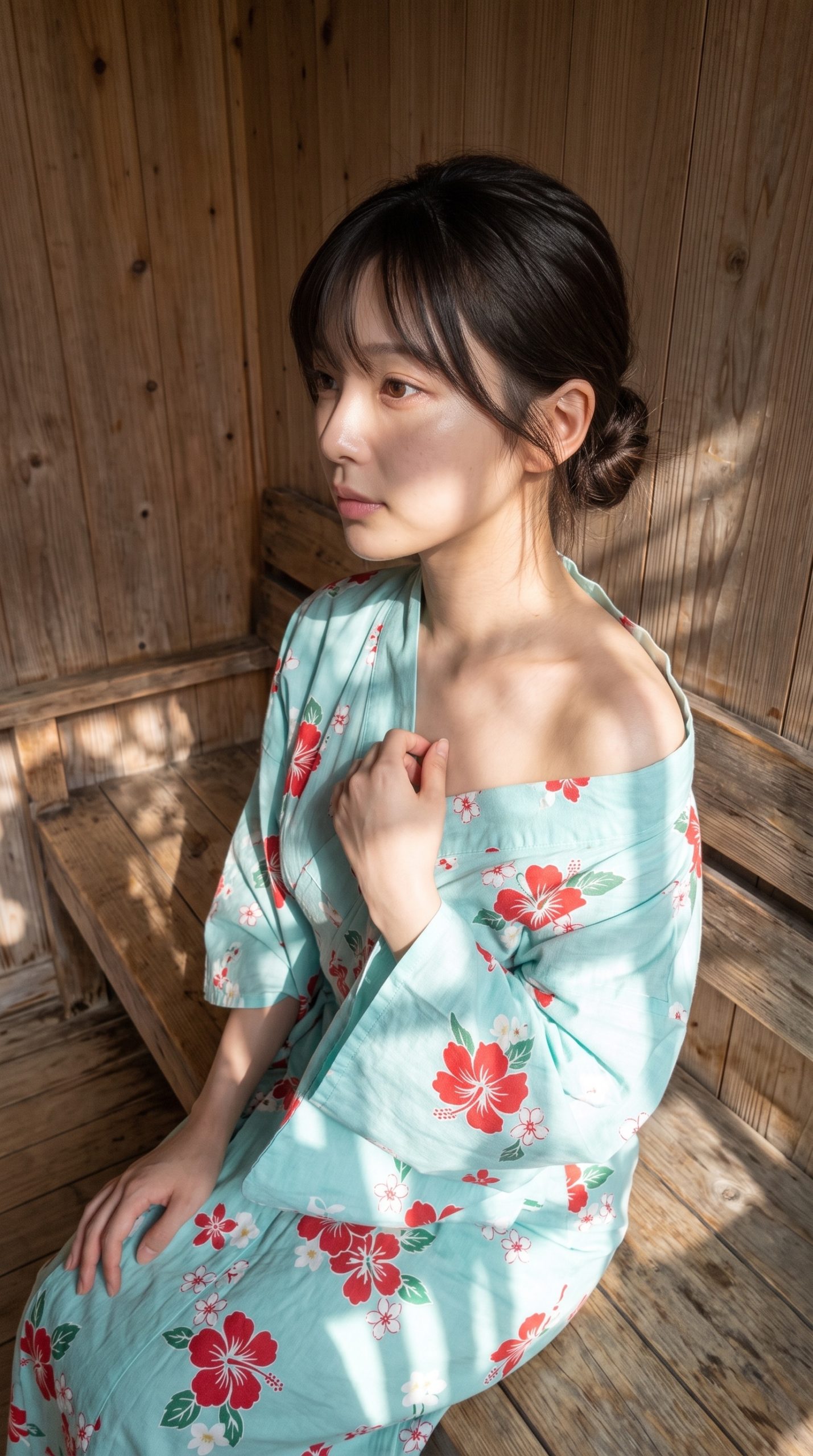 木漏れ合が差し込む木造のベンチで、水色地に花柄の浴衣を着て座る女性