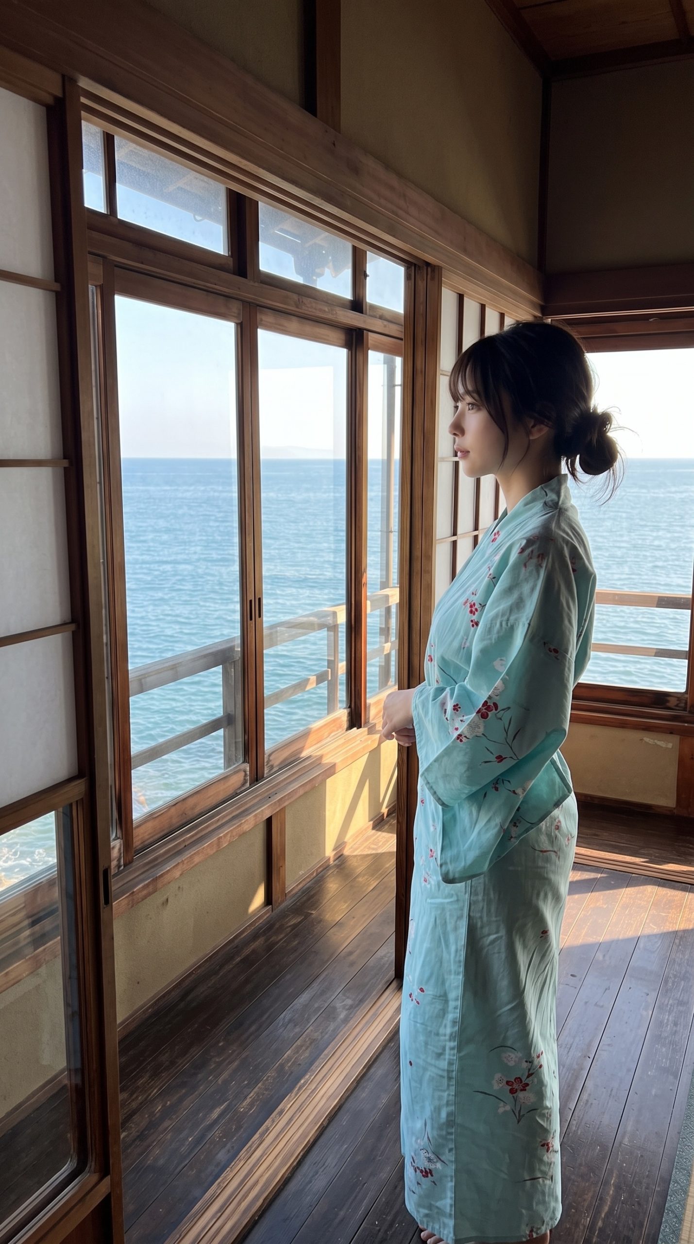 水色の浴衣を着た女性が、和室の窓辺から青い海を眺めている。