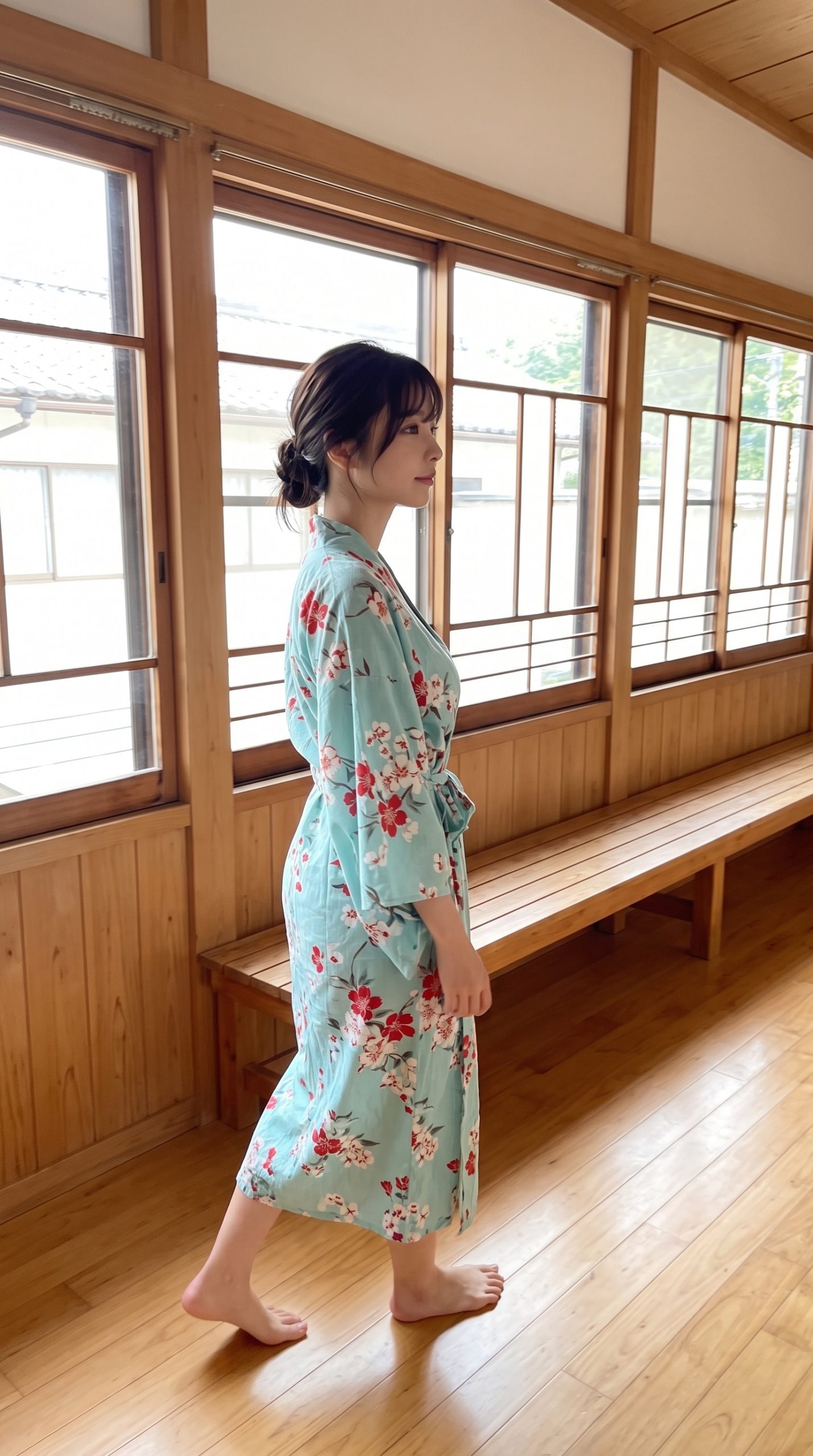 水色地に赤い花柄の着物風ガウンを着て、木造の廊下を素足で歩く女性。