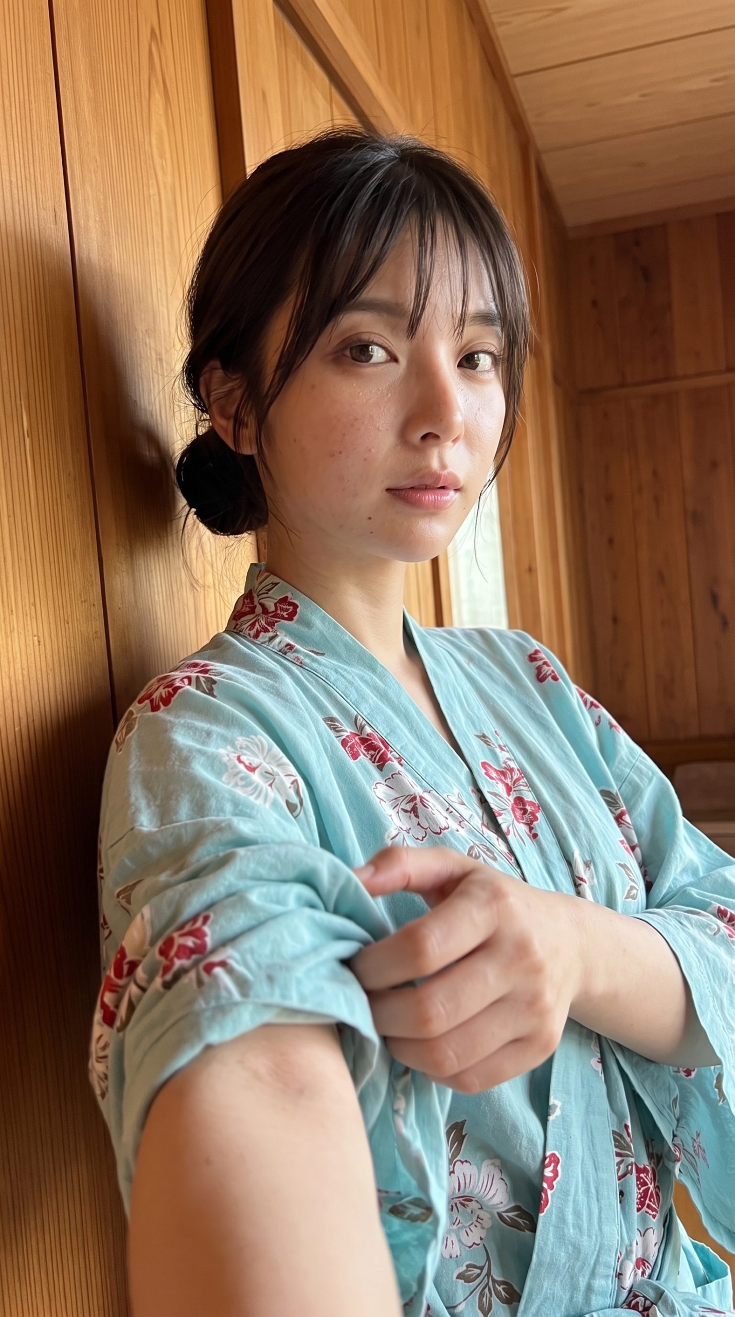 木目の壁によりかかり、花柄の水色浴衣の袖をつまんでカメラを見る女性