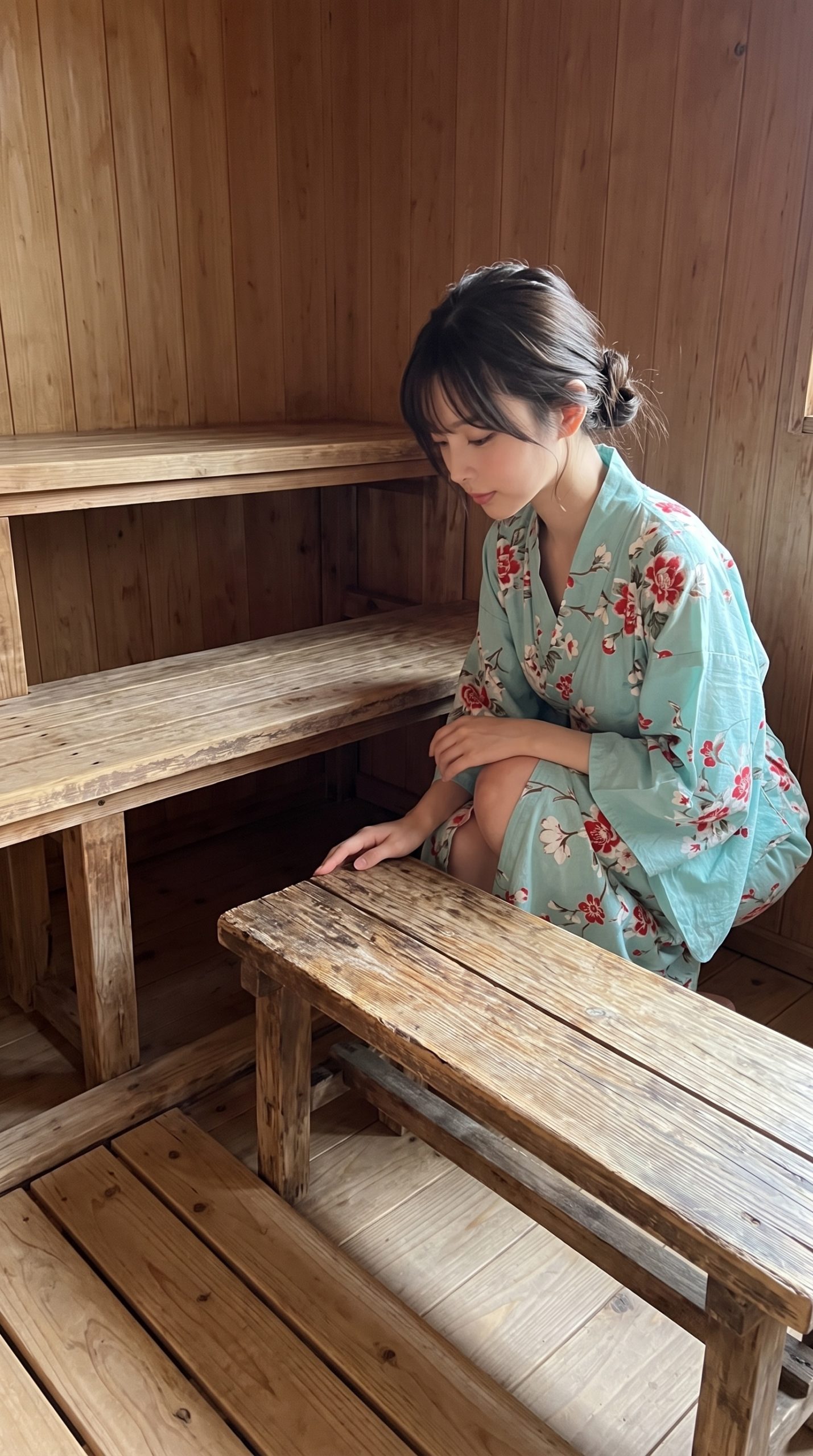 木造の部屋で、水色の花柄浴衣を着た女性が木製ベンチに手を添えている様子。
