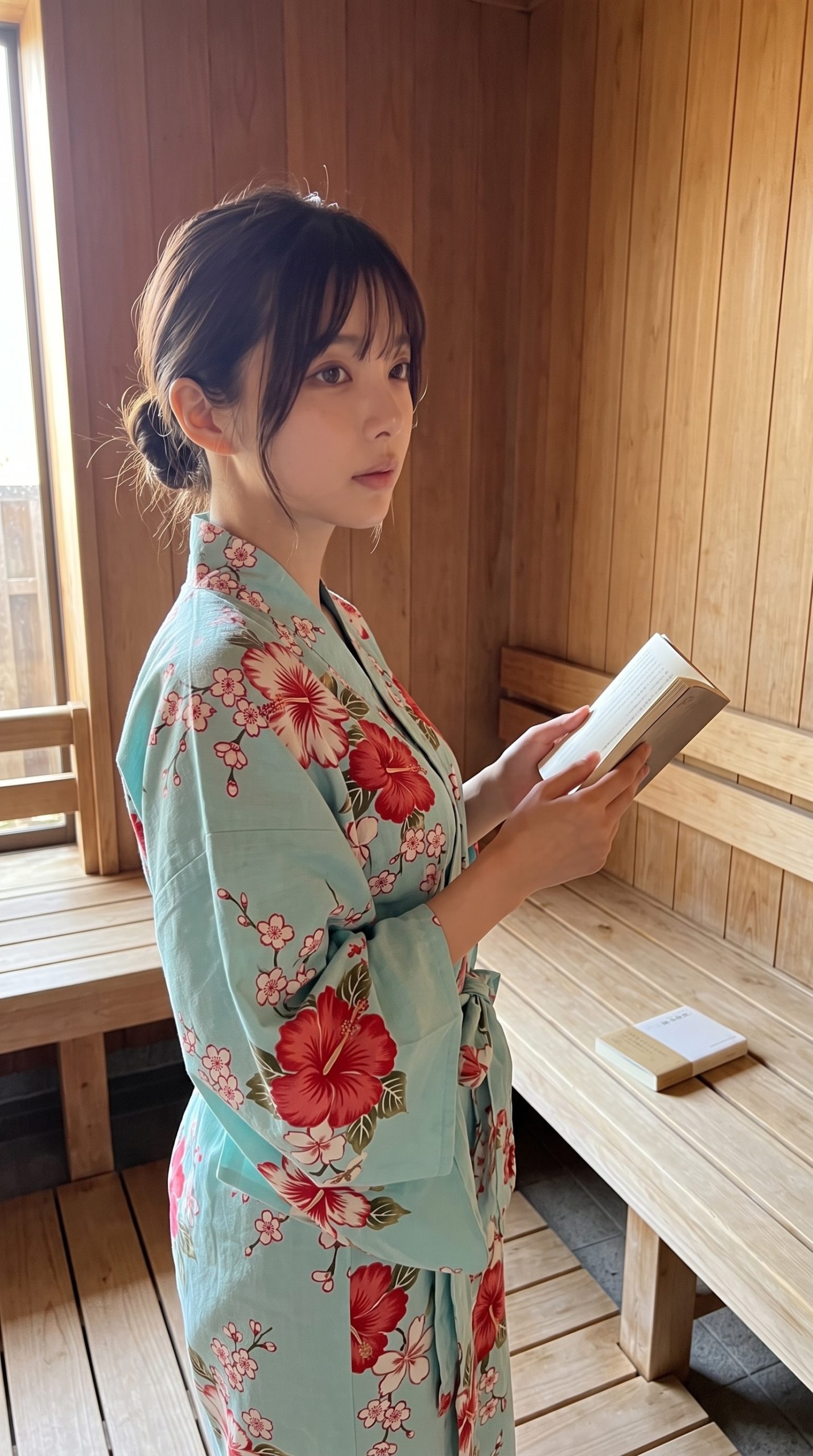 木目の室内で、花柄の浴衣を着た女性が手に開いた本を持っている姿