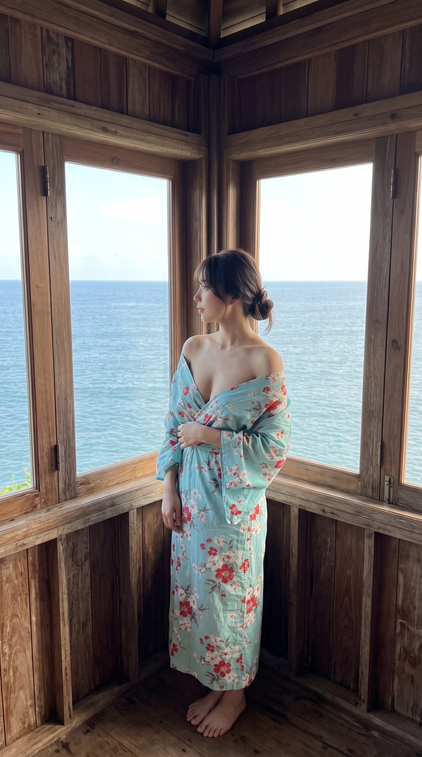 海が見える木造の部屋の窓辺に立ち、花柄の浴衣を着て外を眺める女性
