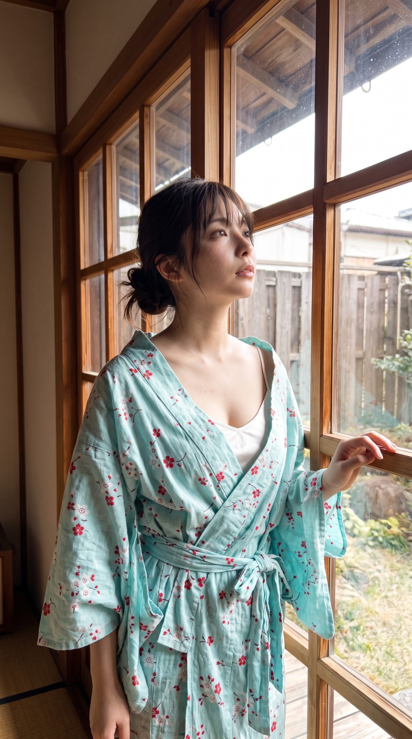 水色と赤の花柄の部屋着を着た女性が、木枠の窓辺に立ち外を眺めている様子。