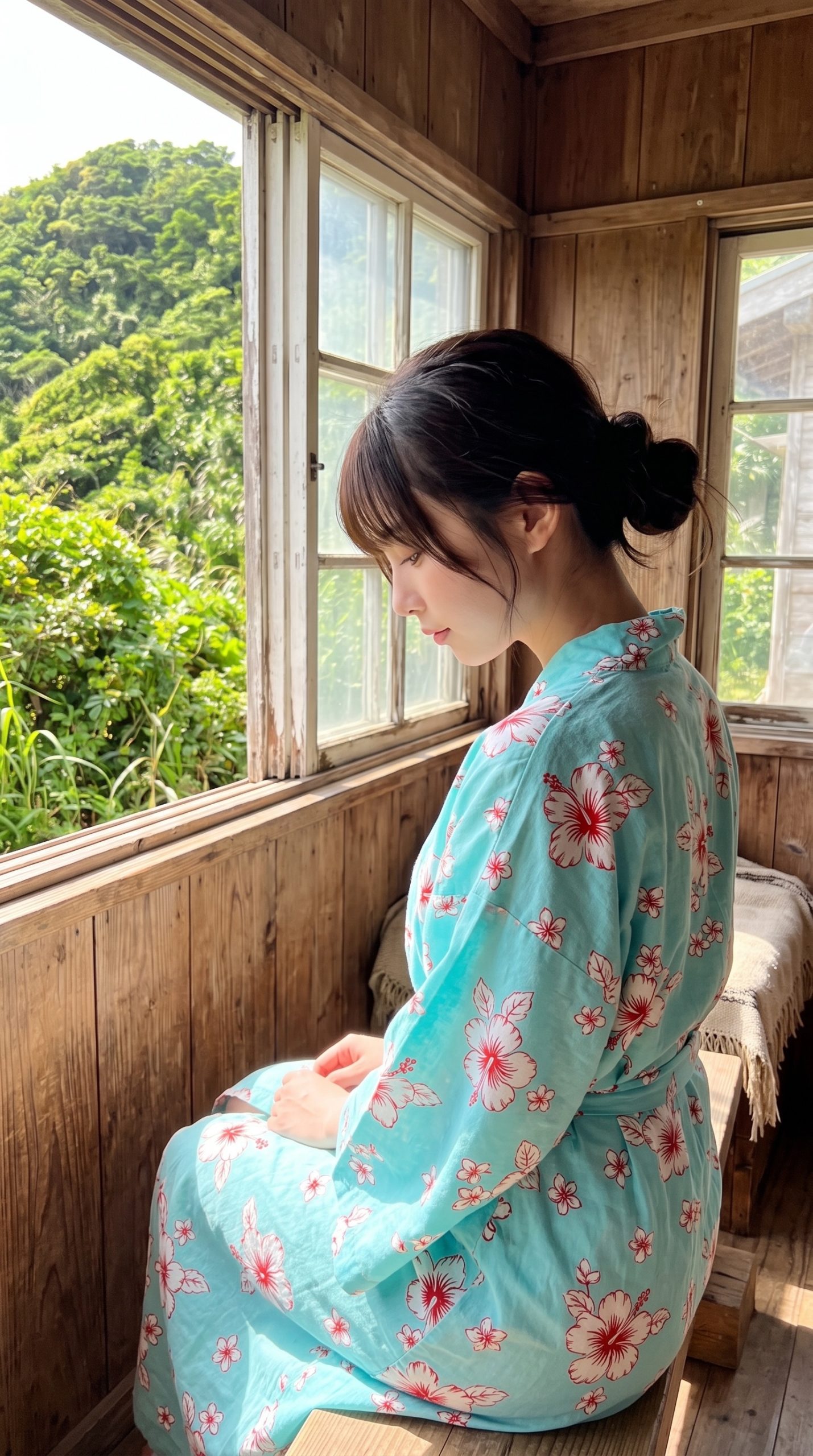 木造の部屋の窓辺に座り、緑豊かな景色を眺める水色の浴衣姿の女性。