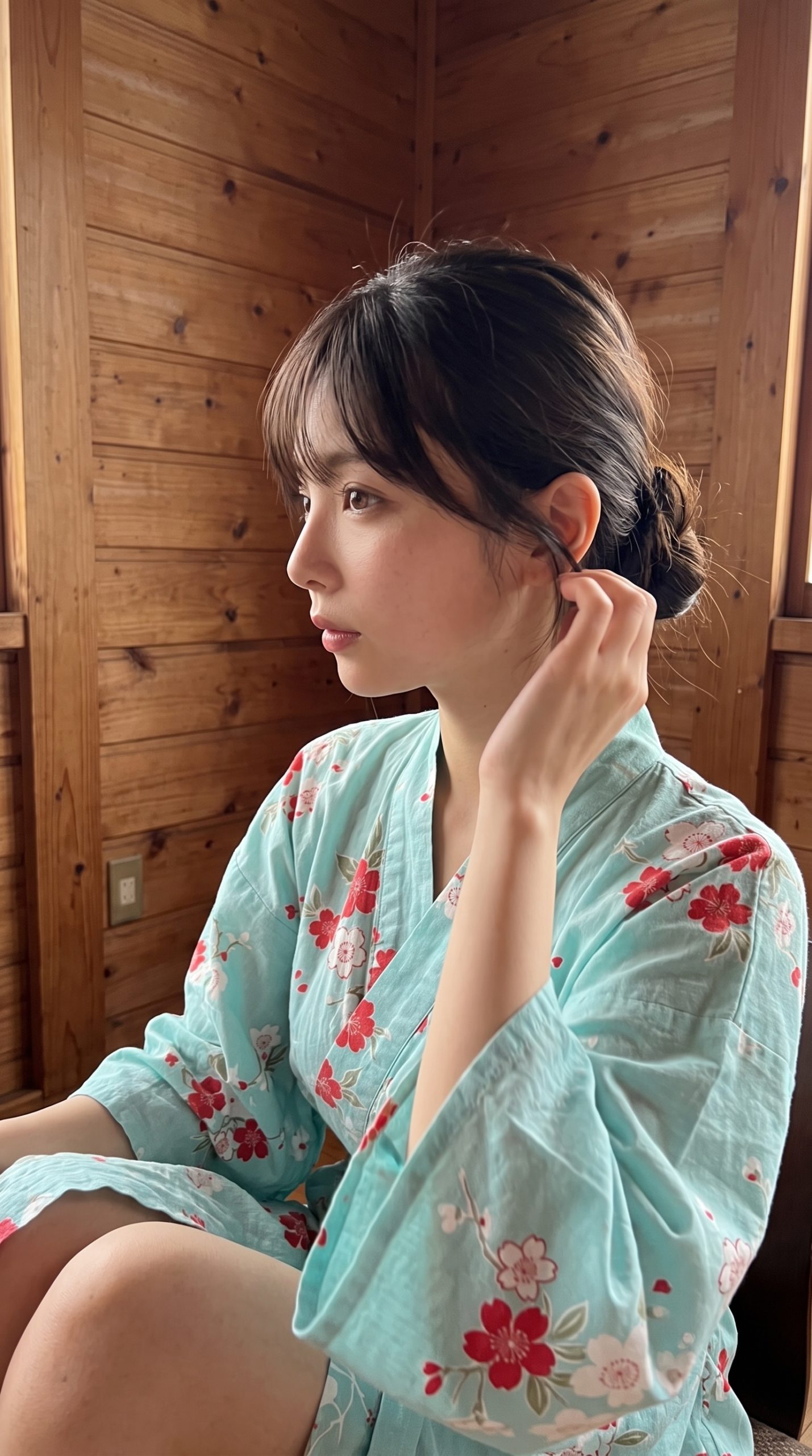 木造の部屋で水色の花柄浴衣を着て手を髪に添える女性の横顔