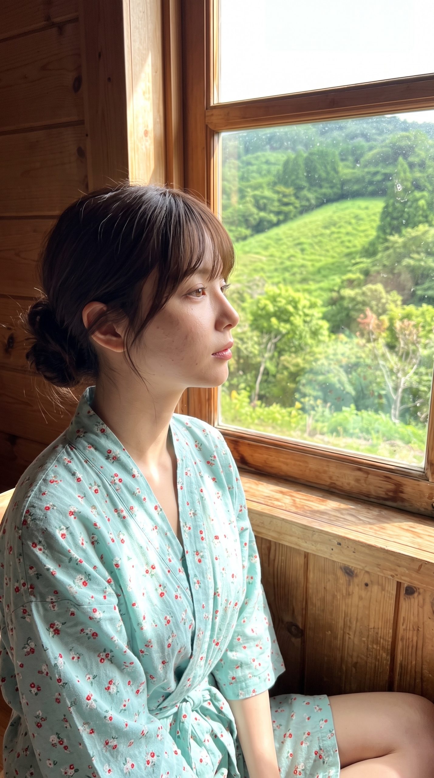 和風の部屋着を着た女性が、窓の外に広がる緑豊かな景色を眺める様子