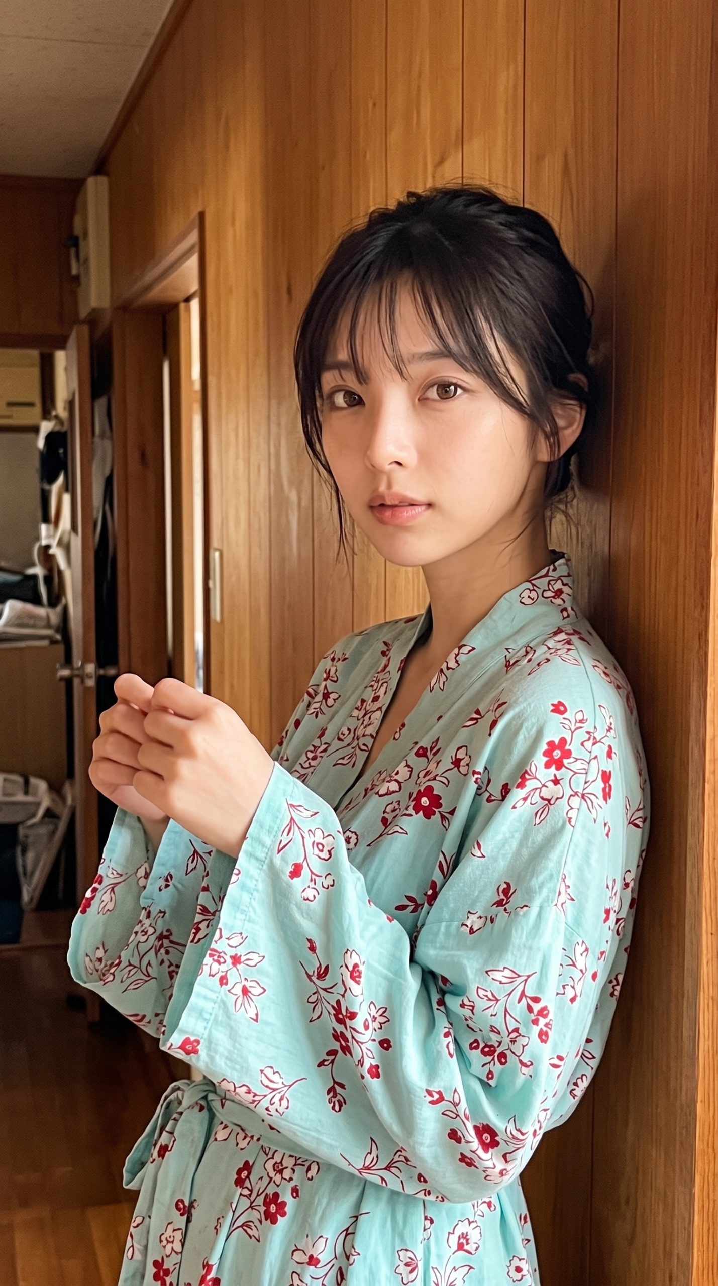 木目の壁にもたれ、水色の花柄の服を着てカメラを見つめる女性
