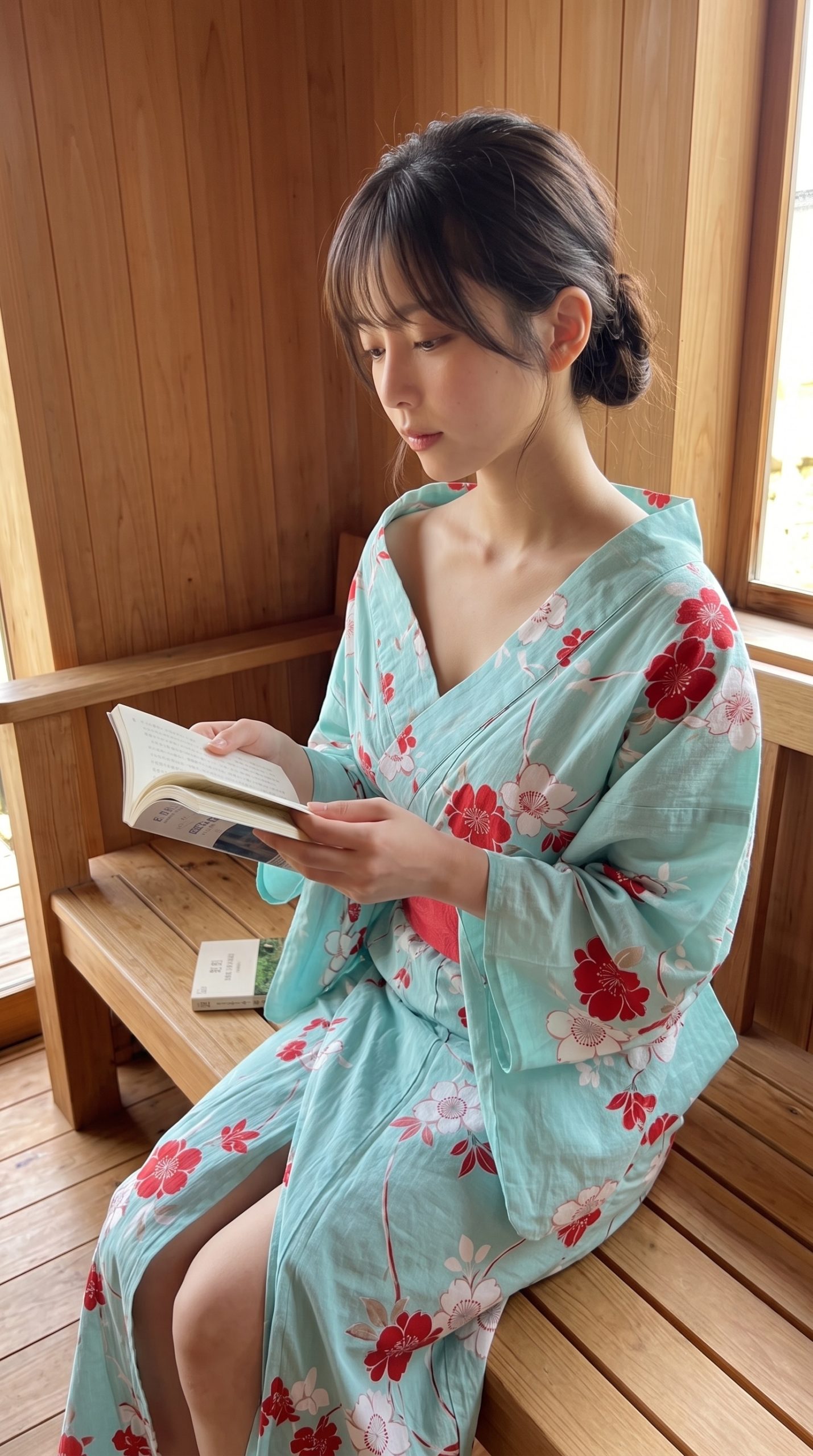 水色の花柄の浴衣を着た女性が、木製のベンチに座って読書をしている。