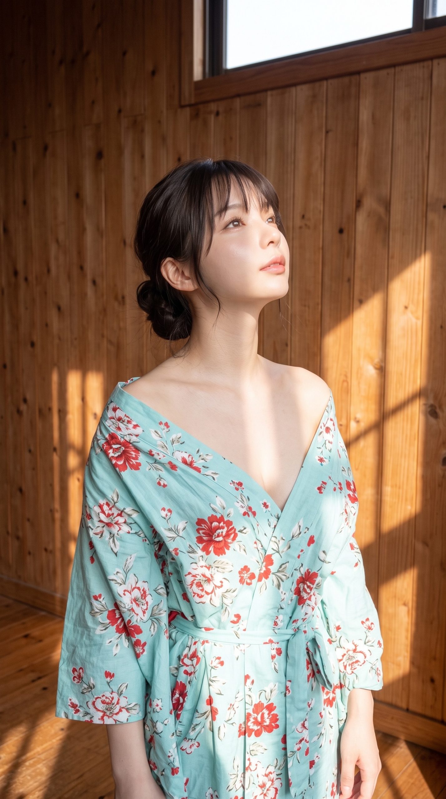 木目の壁を背景に、花柄の着物を着て差し込む光を見上げる女性