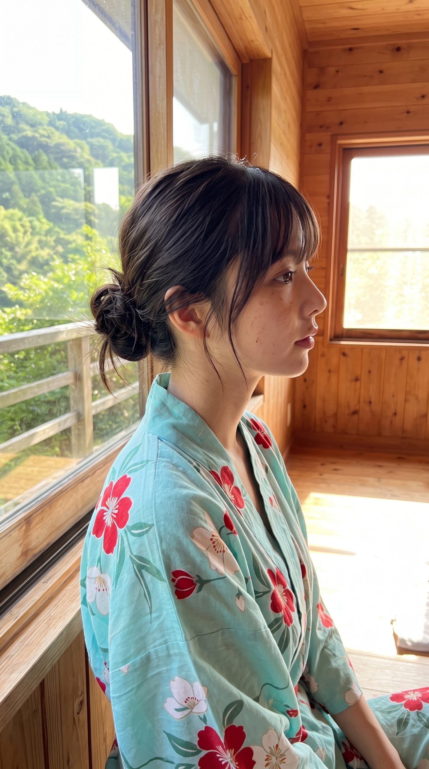 緑が見える窓際で、水色の花柄浴衣を着た女性の横顔