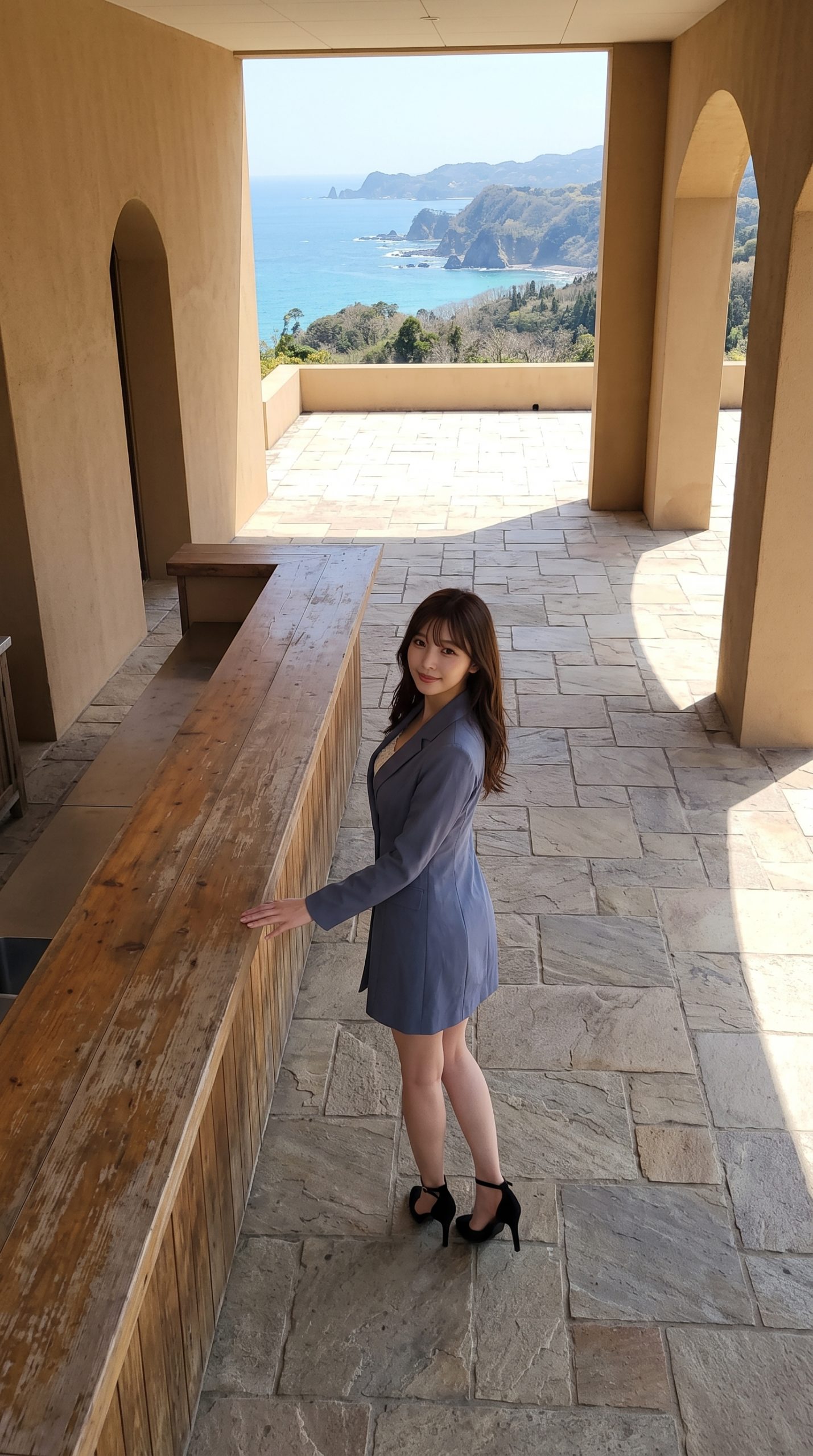 海が見えるテラスで、ジャケットを着用した女性が立ち、振り返っている。