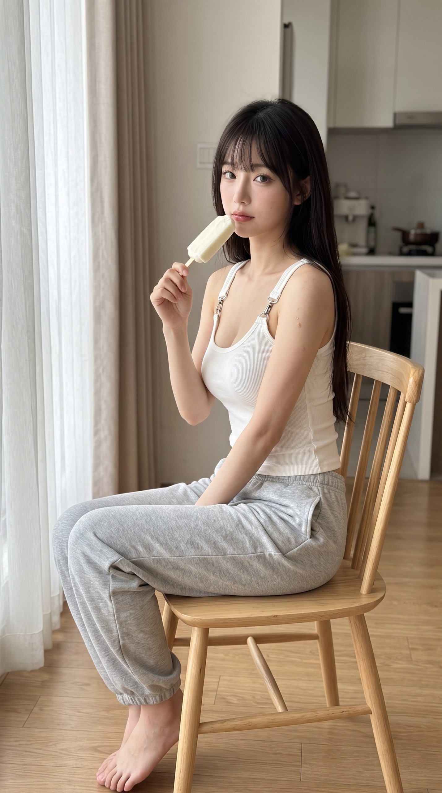 窓際の木製椅子に座り、アイスキャンディーを手にした白いキャミソール姿の女性