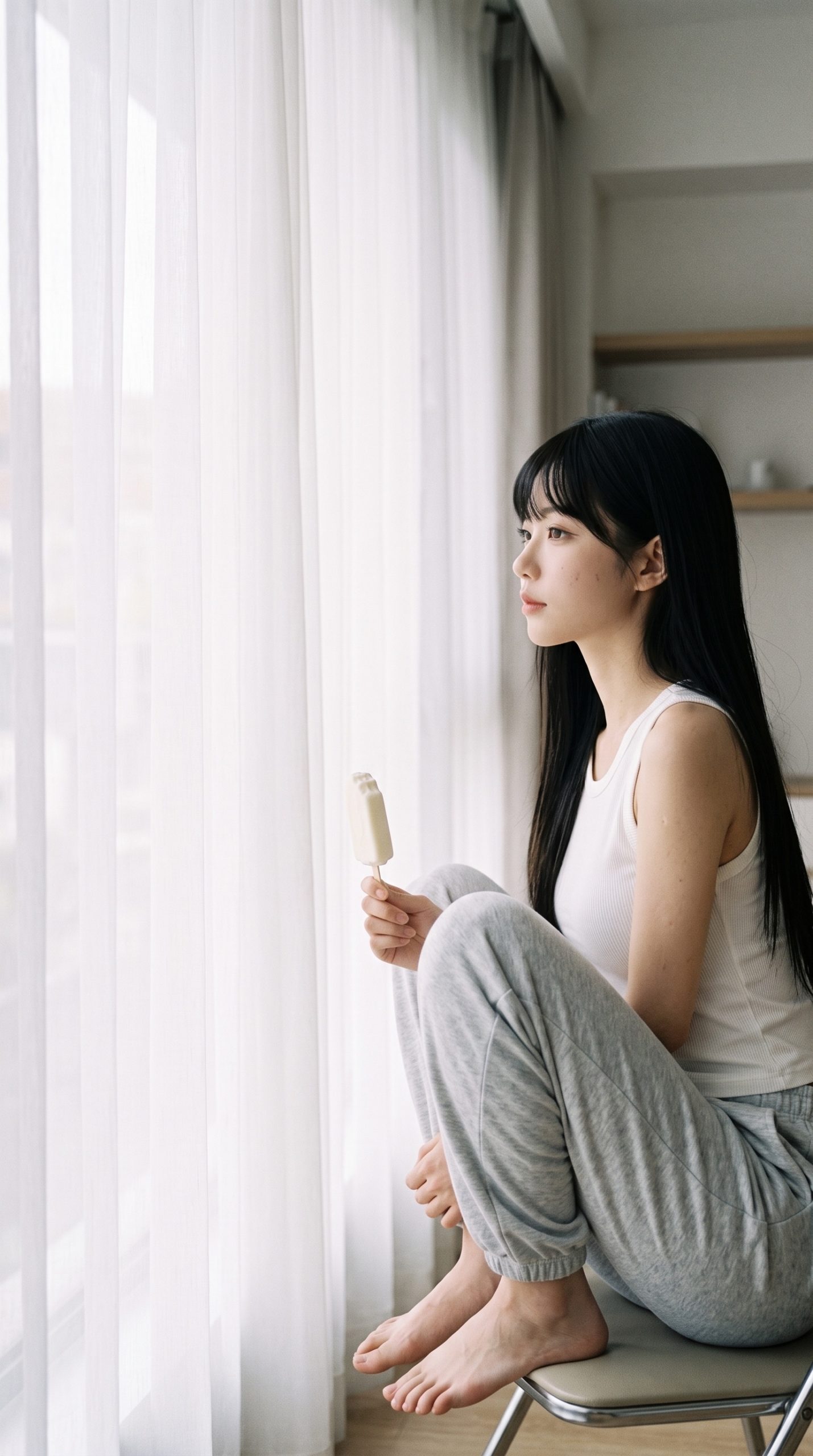 窓辺でアイスキャンディーを手に持ち、外を静かに眺める黒髪の女性