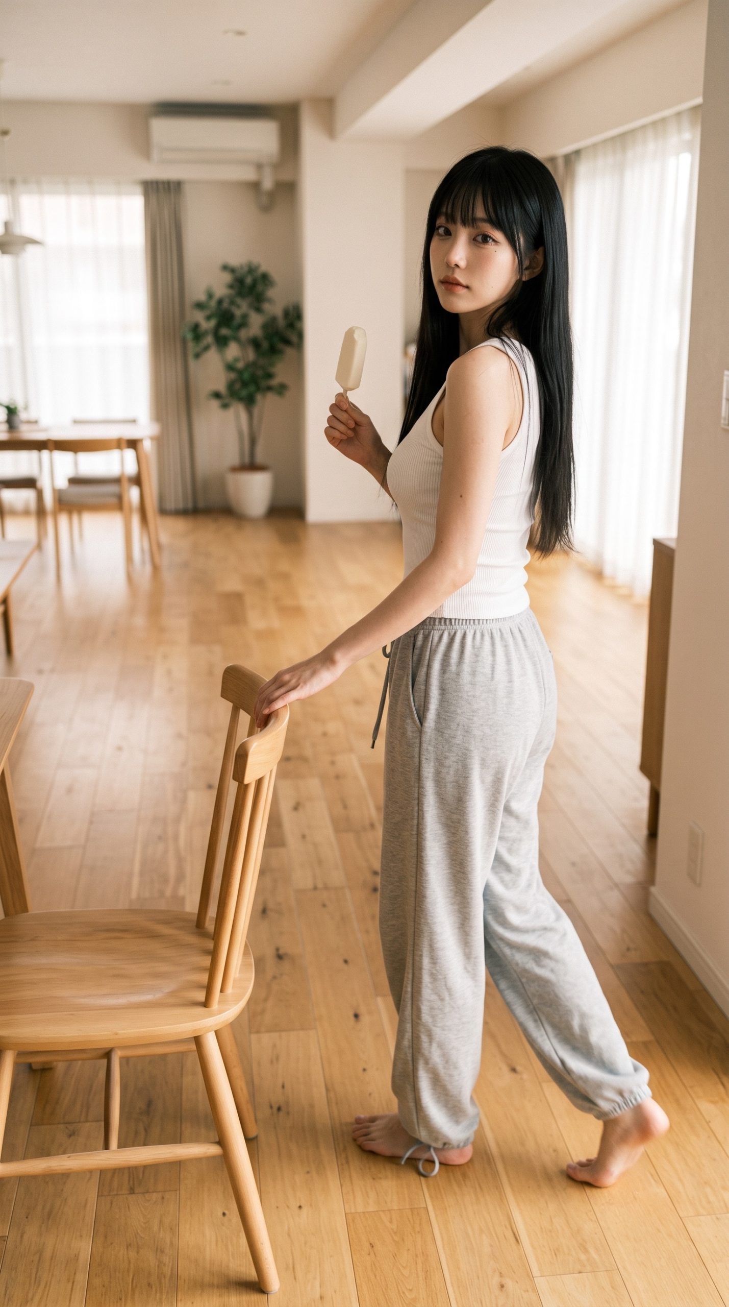明るい室内でアイスキャンディーを手に持ち振り返る女性