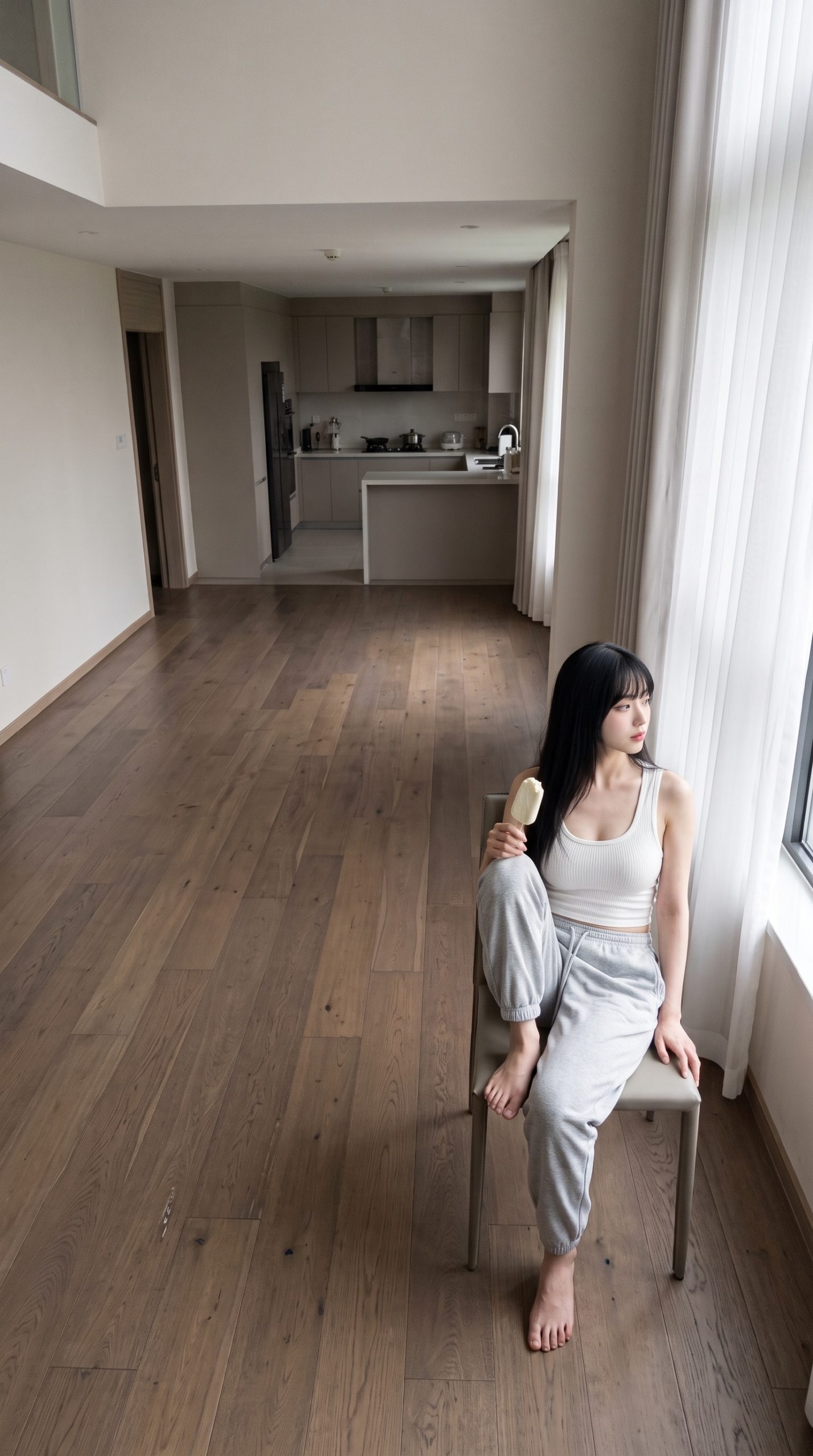 明るい部屋の窓辺で椅子に座り、アイスを持って外を眺める女性。