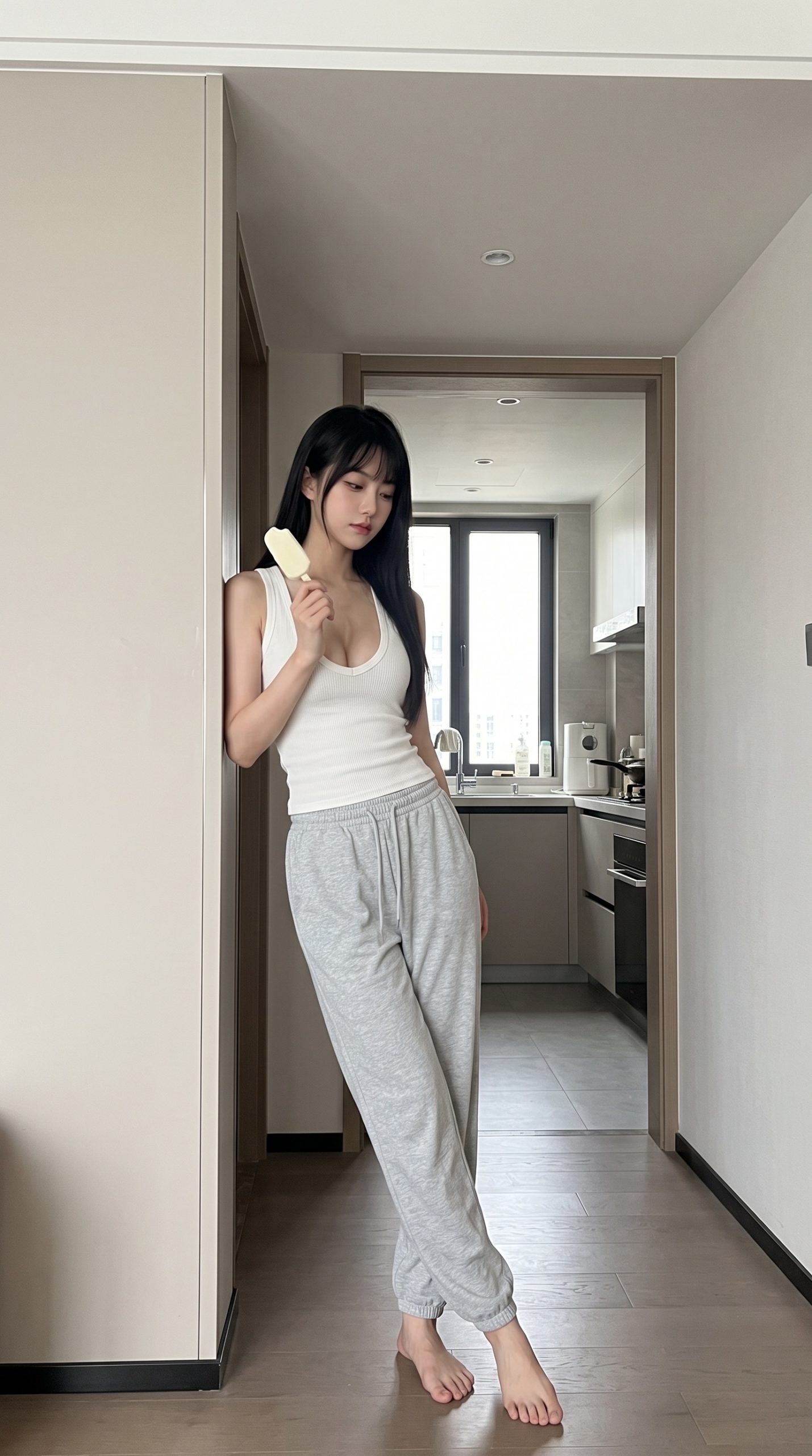 部屋の壁に寄りかかり、アイスキャンディーを持つタンクトップ姿の女性