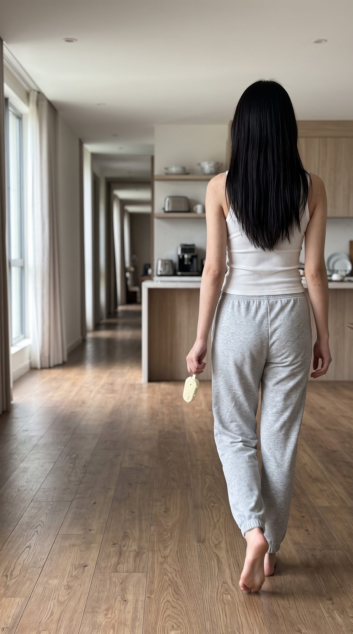 アイスキャンディーを手に持って室内を歩く女性の後ろ姿。