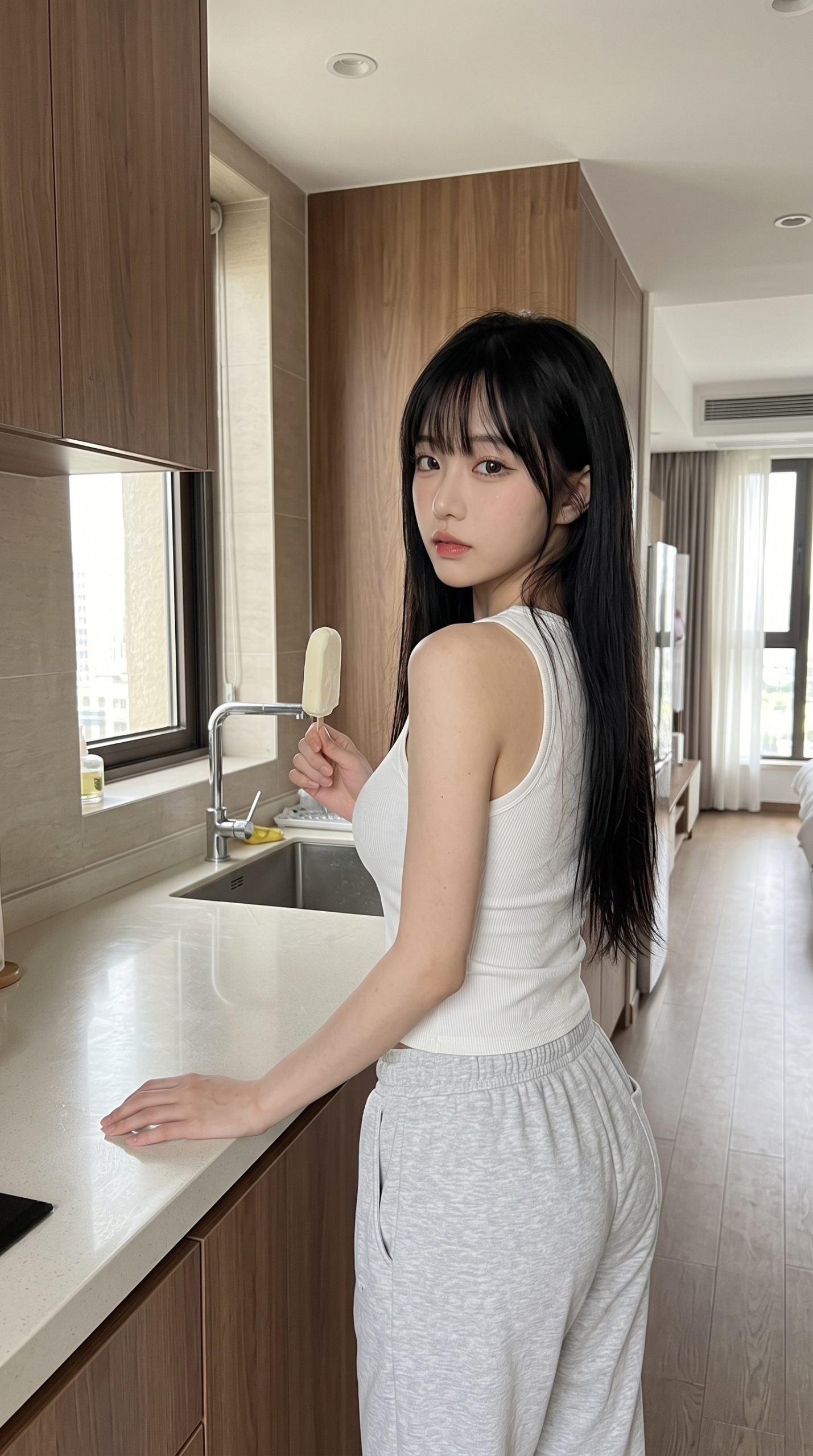 キッチンでアイスキャンディーを持ち、振り返る白タンクトップ姿の黒髪女性